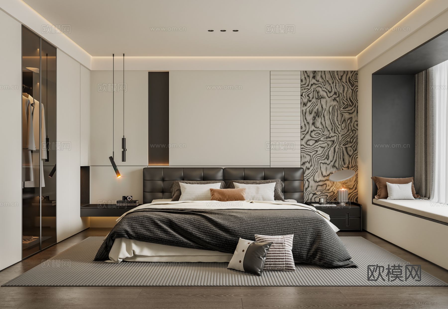 意式轻奢家居卧室 黑白灰卧室 皮质双人床 主卧床头背景墙su模型