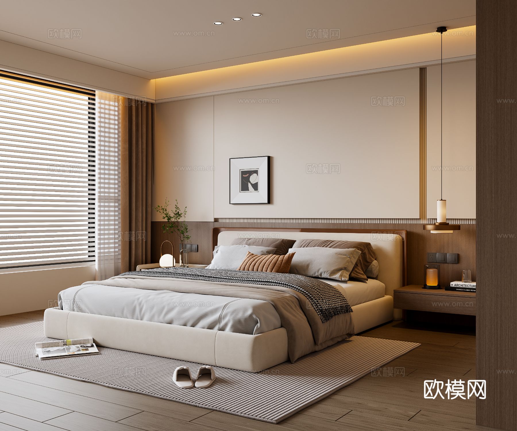 现代卧室 布艺双人床 床头柜 吊灯 挂画 地毯su模型su模型
