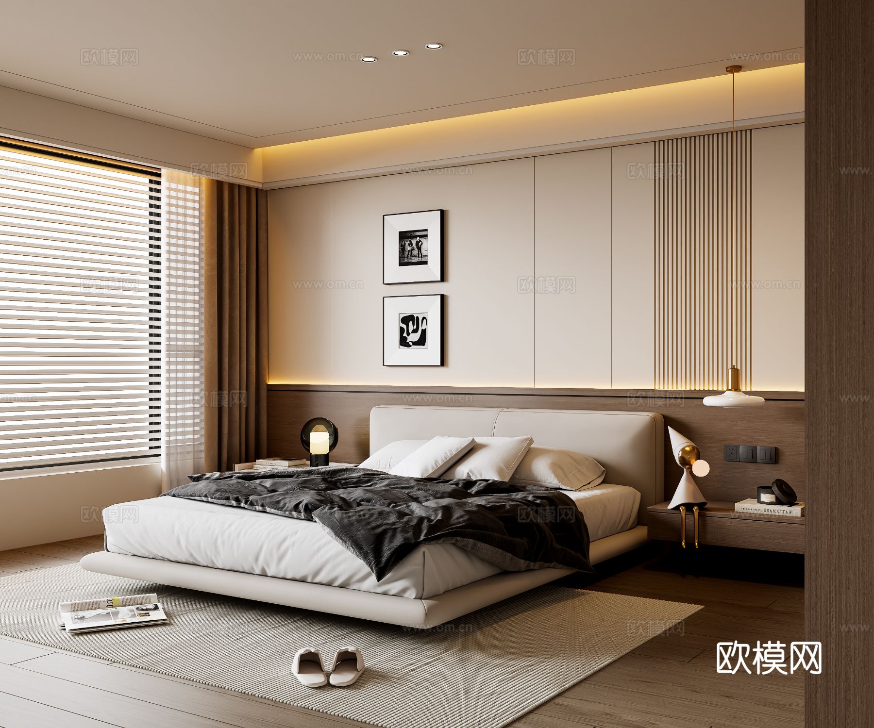 意式卧室 布艺双人床 床头柜 吊灯 挂画 地毯3d模型下载