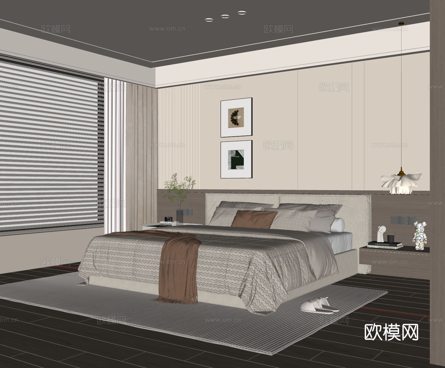 现代卧室 布艺双人床 床头柜 吊灯 挂画 地毯su模型