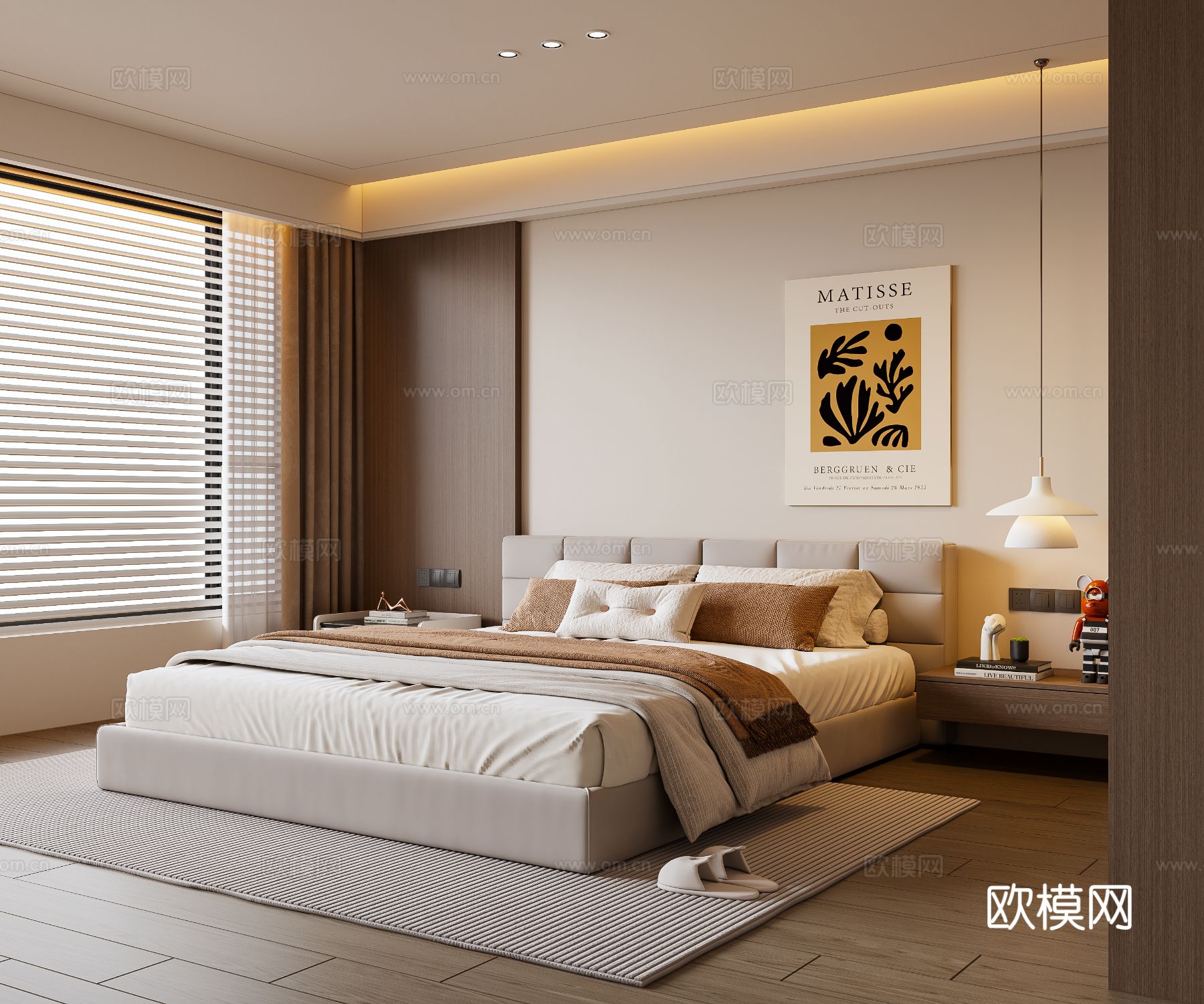现代卧室 布艺双人床 床头柜 吊灯 挂画 地毯3d模型下载