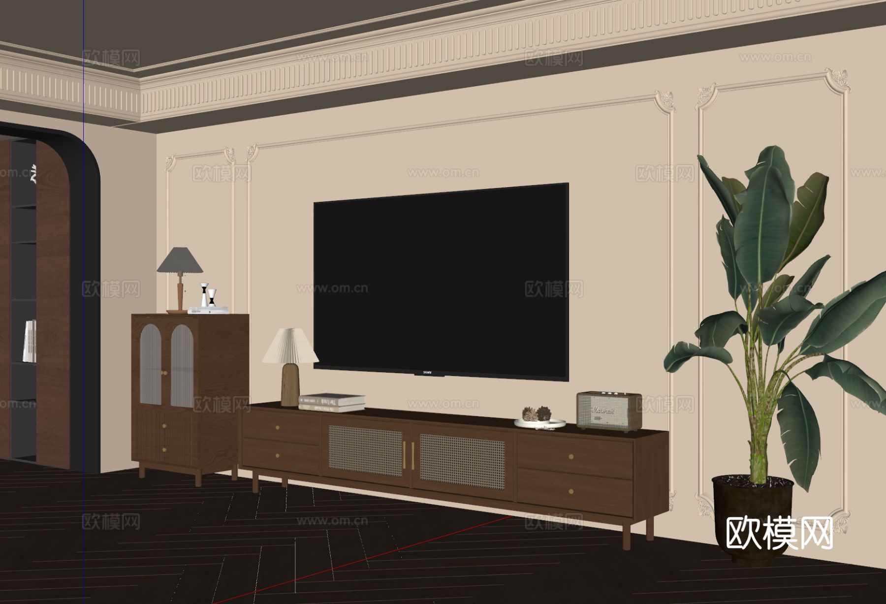 法式中古风电视柜 电视机 斗柜 盆栽 饰品摆件su模型