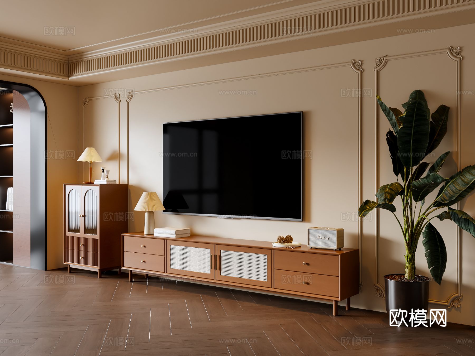 法式中古风电视柜 电视机 斗柜 盆栽 饰品摆件su模型