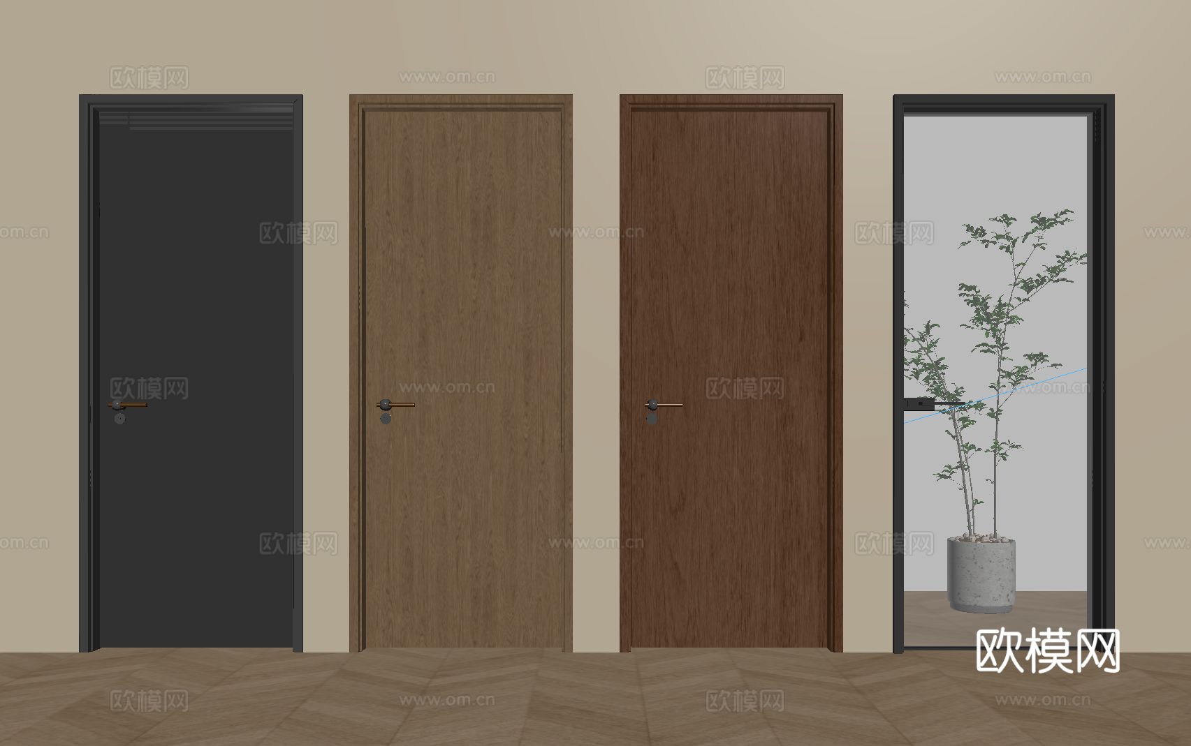 中古风单开门 房门 厨卫门 木门 玻璃门su模型