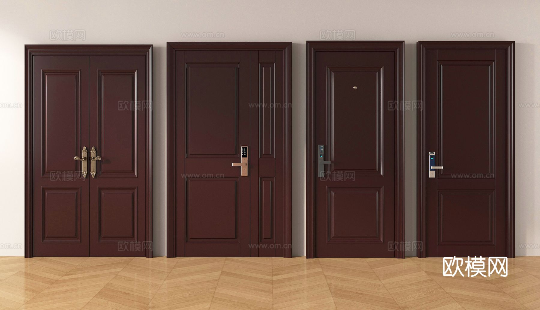 新中式单开门 双开门  房门 防盗门 实木 入户门su模型