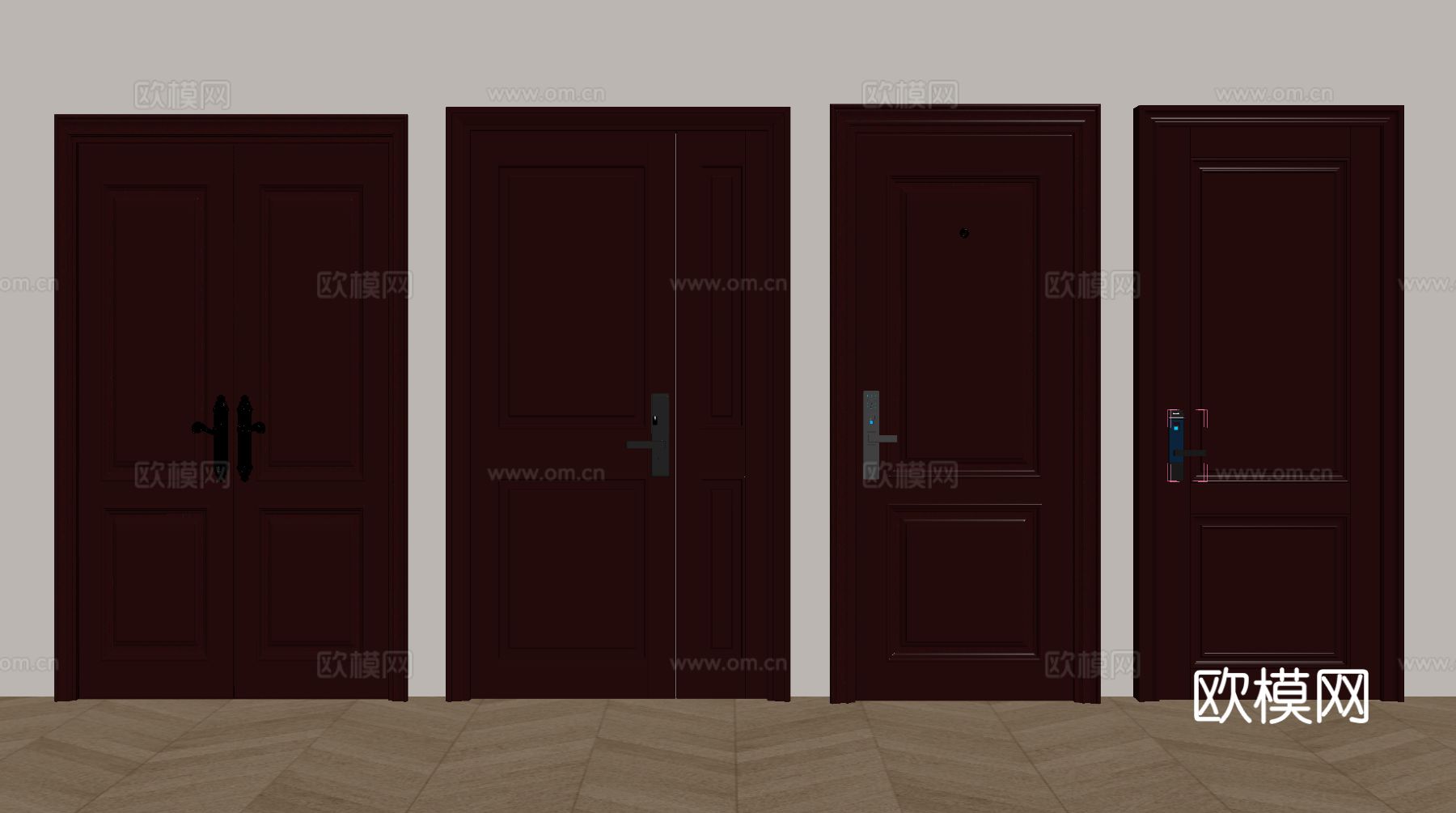 新中式单开门 双开门  房门 防盗门 实木 入户门su模型