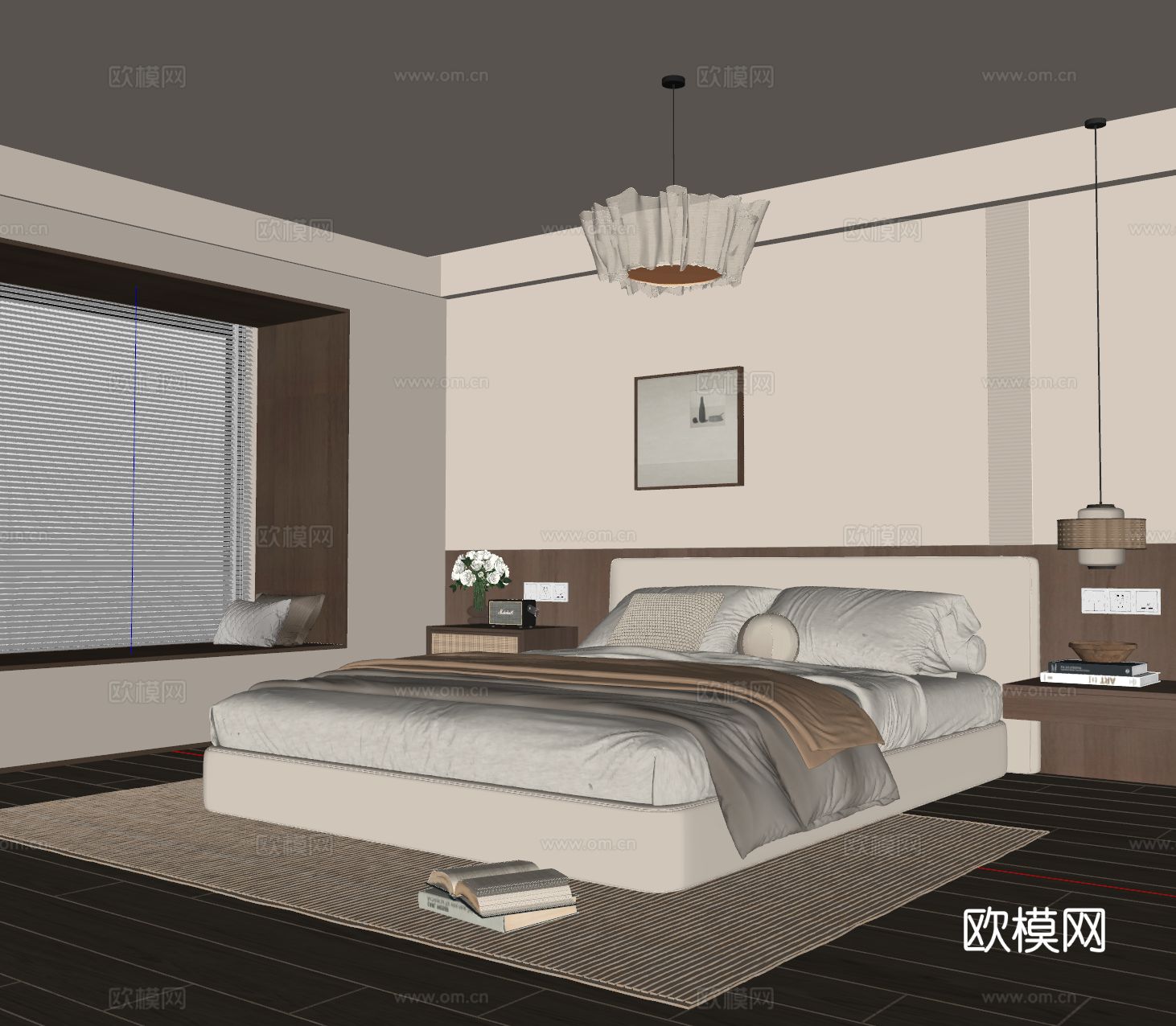 中古风卧室 布艺双人床 床头柜 吊灯 挂画 地毯su模型
