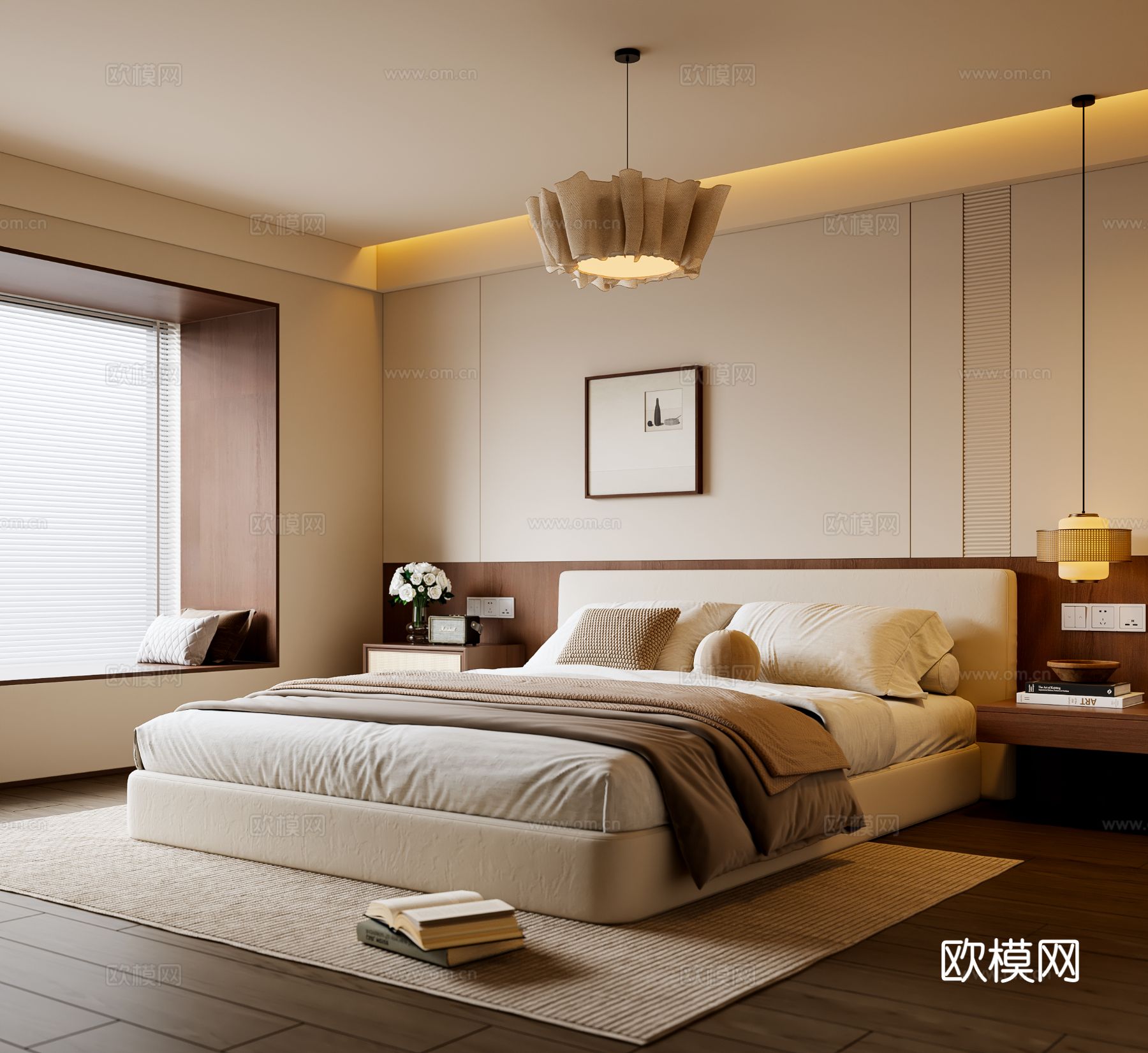 中古风卧室 布艺双人床 床头柜 吊灯 挂画 地毯su模型