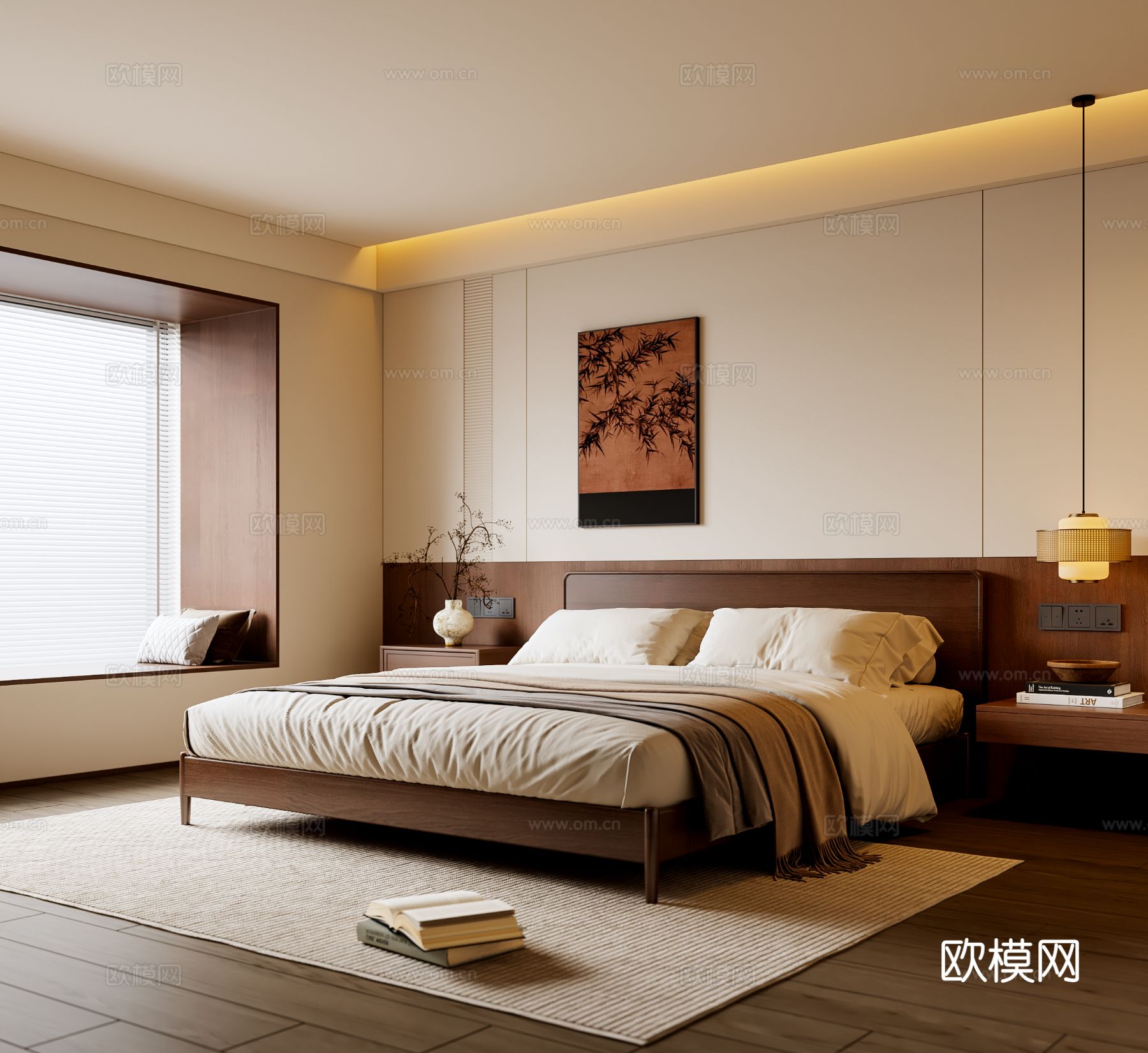 中古风卧室 实木双人床 床头柜 吊灯 挂画 地毯su模型