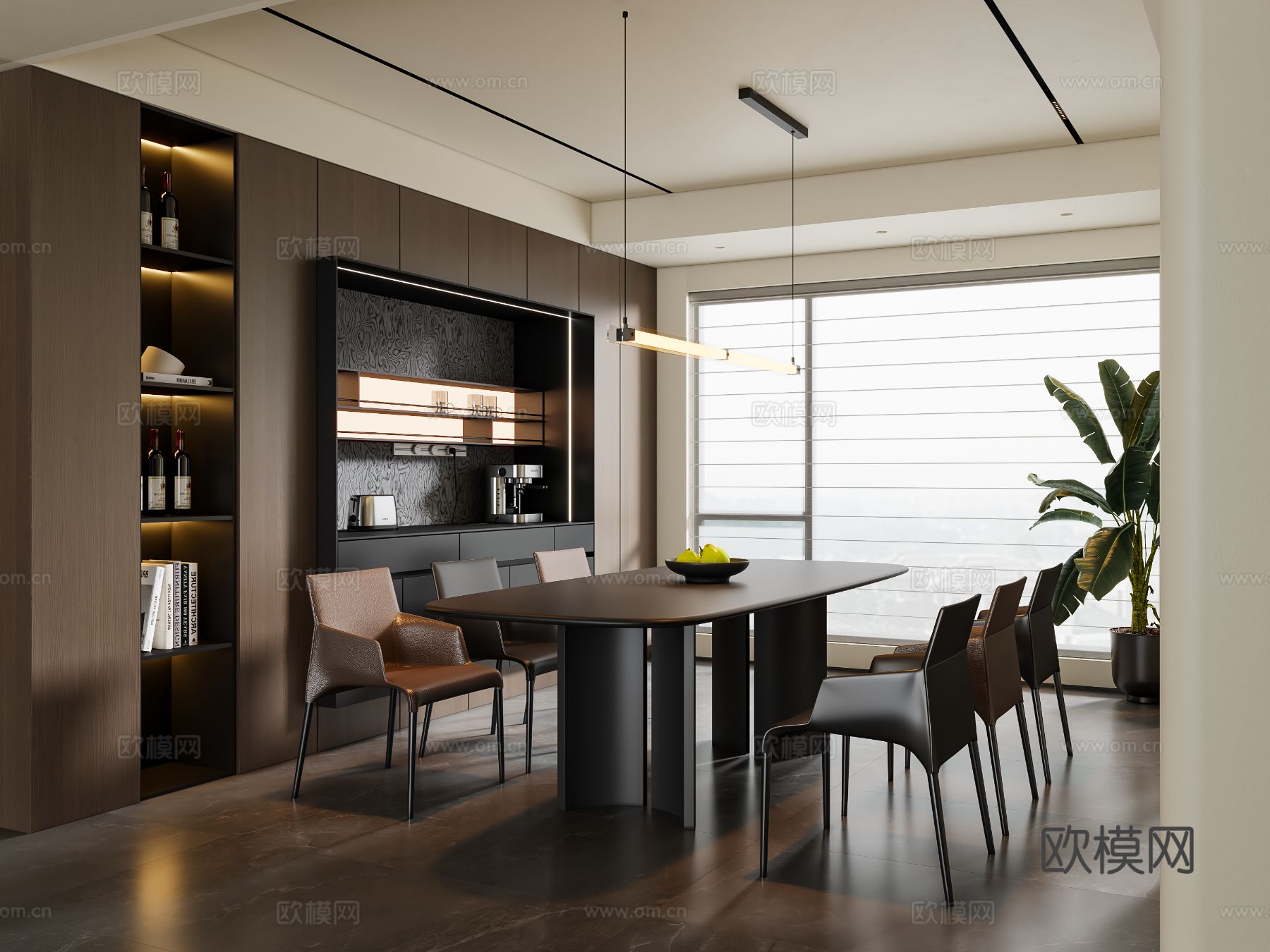 现代意式餐厅 餐桌椅 吊灯 餐边柜su模型
