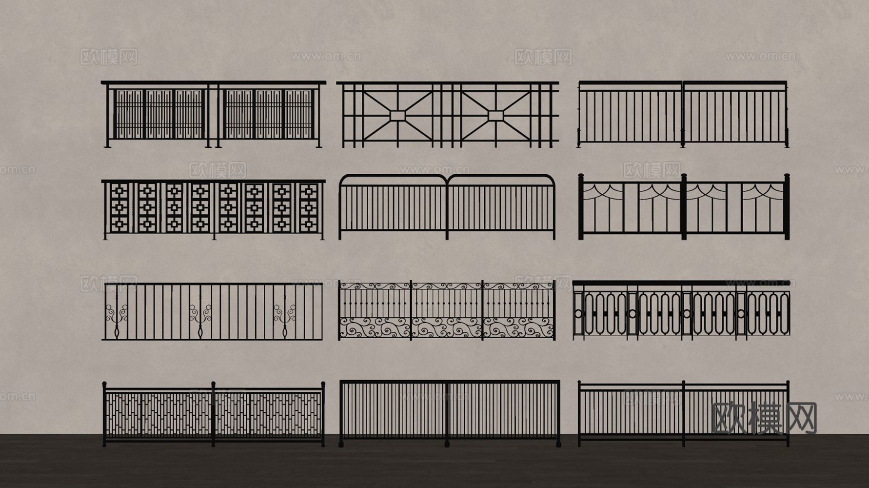 新中式围栏护栏 铁艺围栏 铁艺栏杆 铁艺栅栏 楼梯栏杆 铁艺su模型