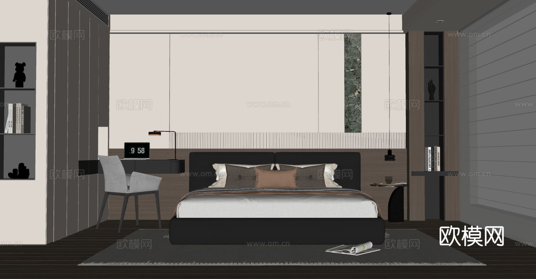 现代简约卧室 皮质双人床 书桌椅组合 衣柜 床头柜 主卧床su模型