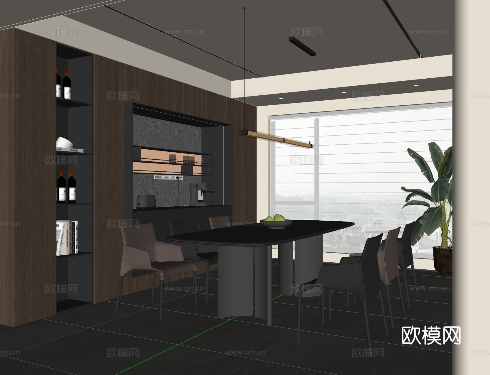现代意式餐厅 餐桌椅 吊灯 餐边柜su模型