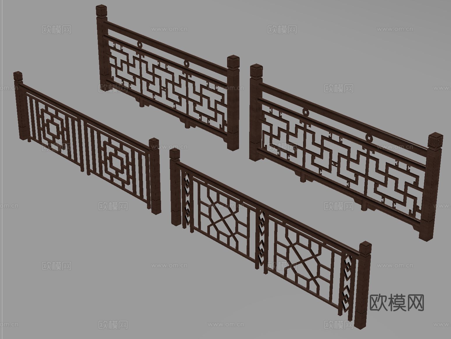 新中式栏杆护栏 栅栏围栏 实木围栏护栏 扶手su模型