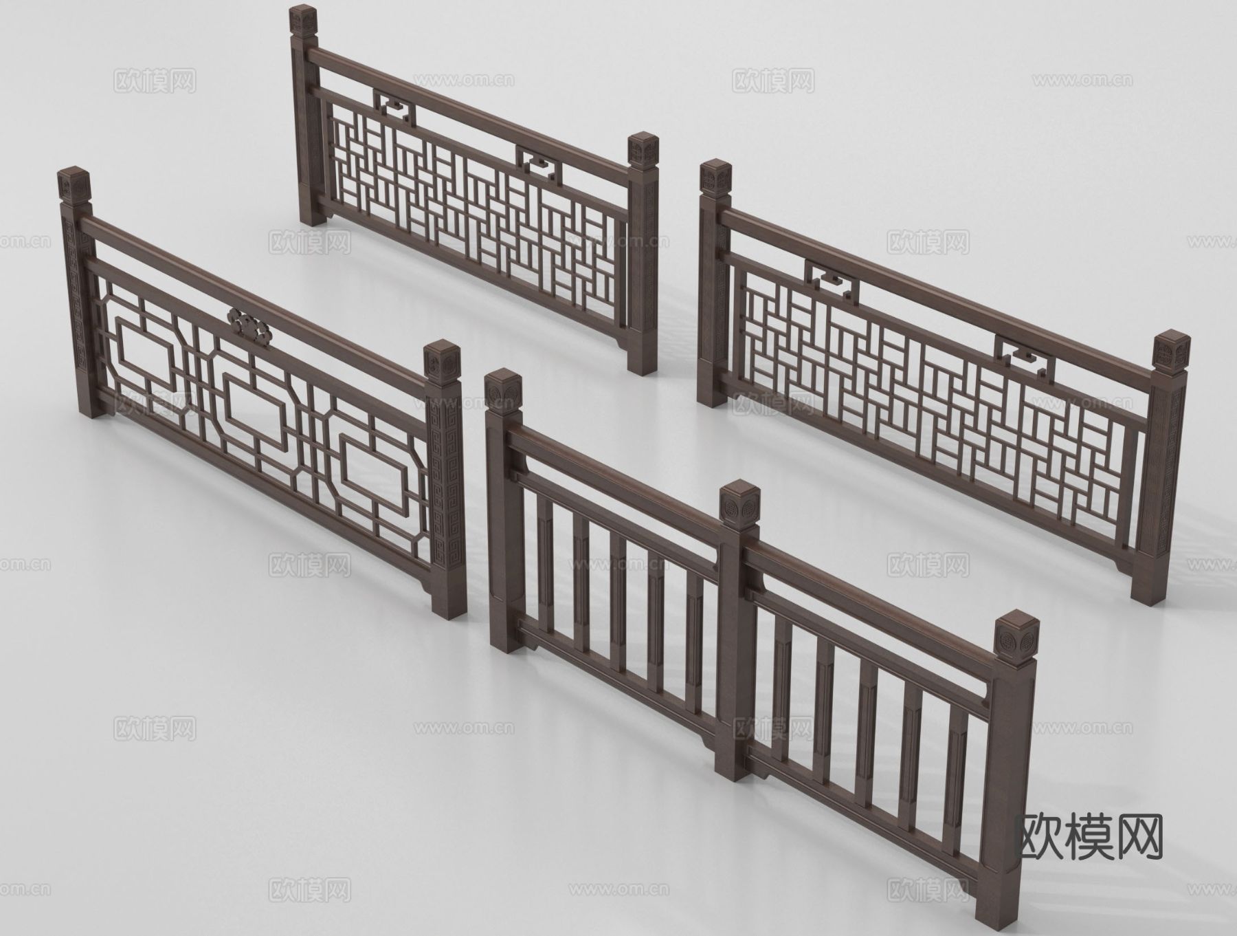 新中式栏杆护栏 栅栏围栏 实木围栏护栏 扶手su模型