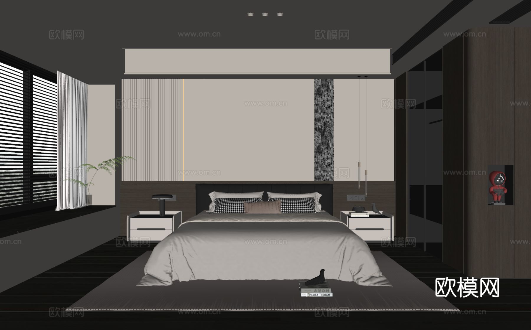 现代意式卧室 皮质双人床 床头柜 吊灯 地毯su模型