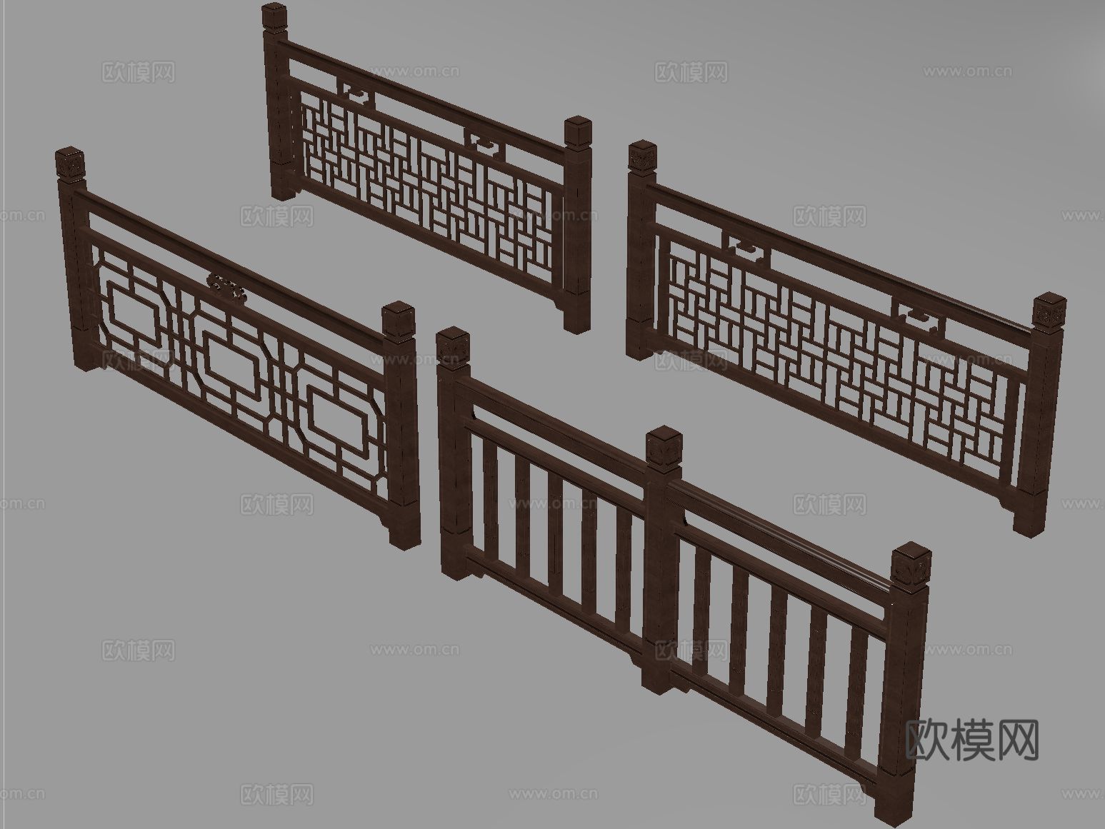新中式栏杆护栏 栅栏围栏 实木围栏护栏 扶手su模型
