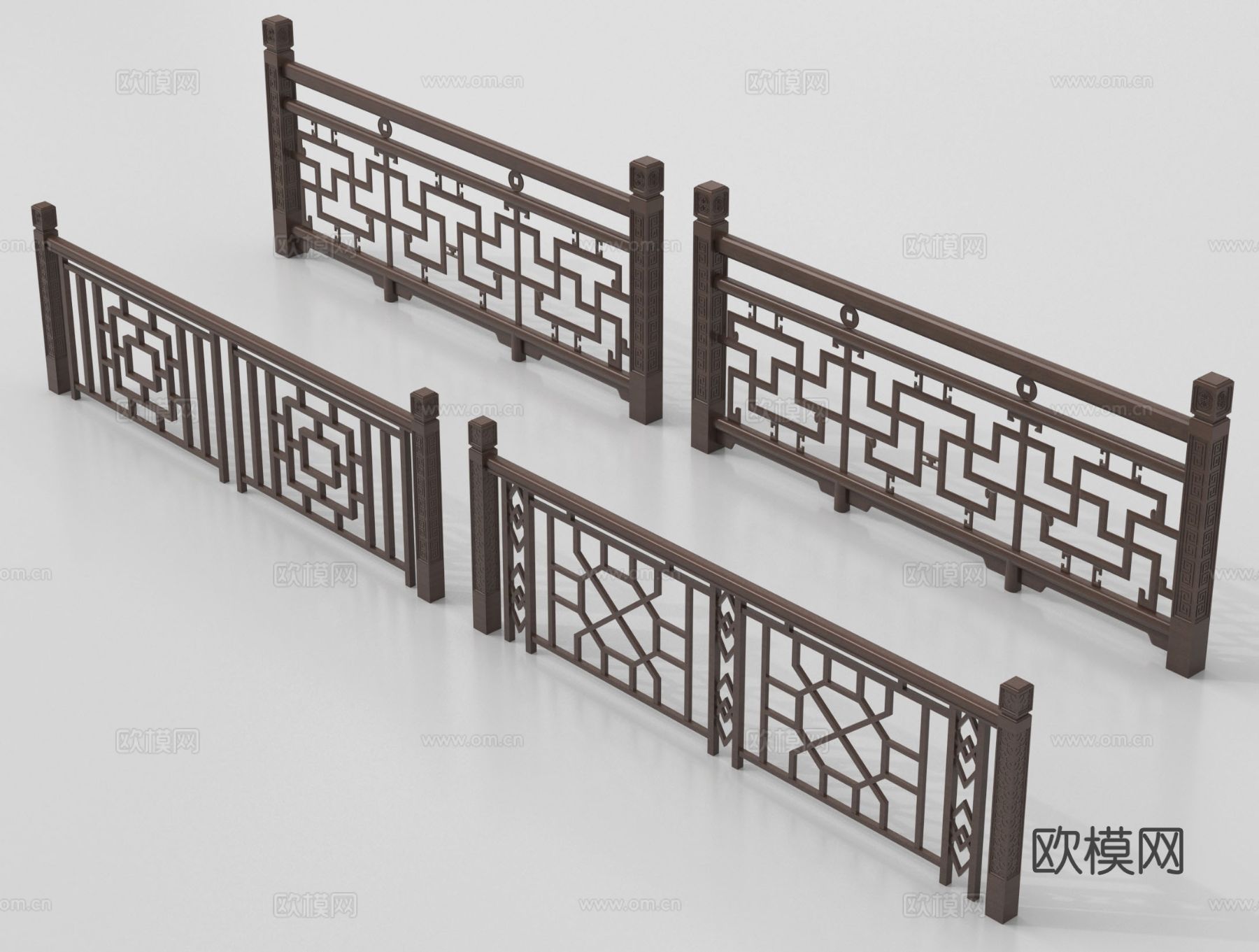 新中式栏杆护栏 栅栏围栏 实木围栏护栏 扶手su模型