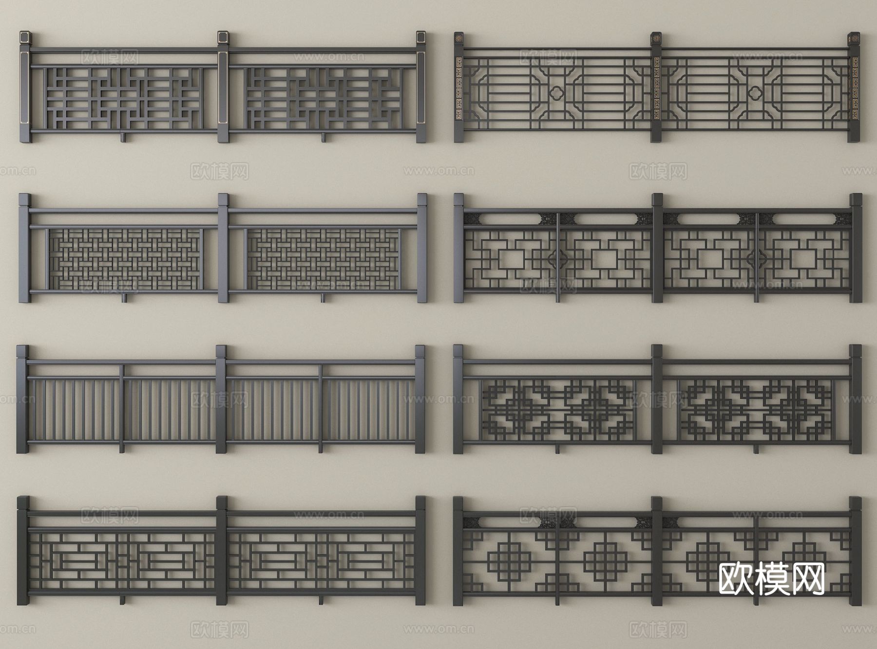 新中式栏杆护栏 栅栏围栏 实木围栏护栏 扶手su模型