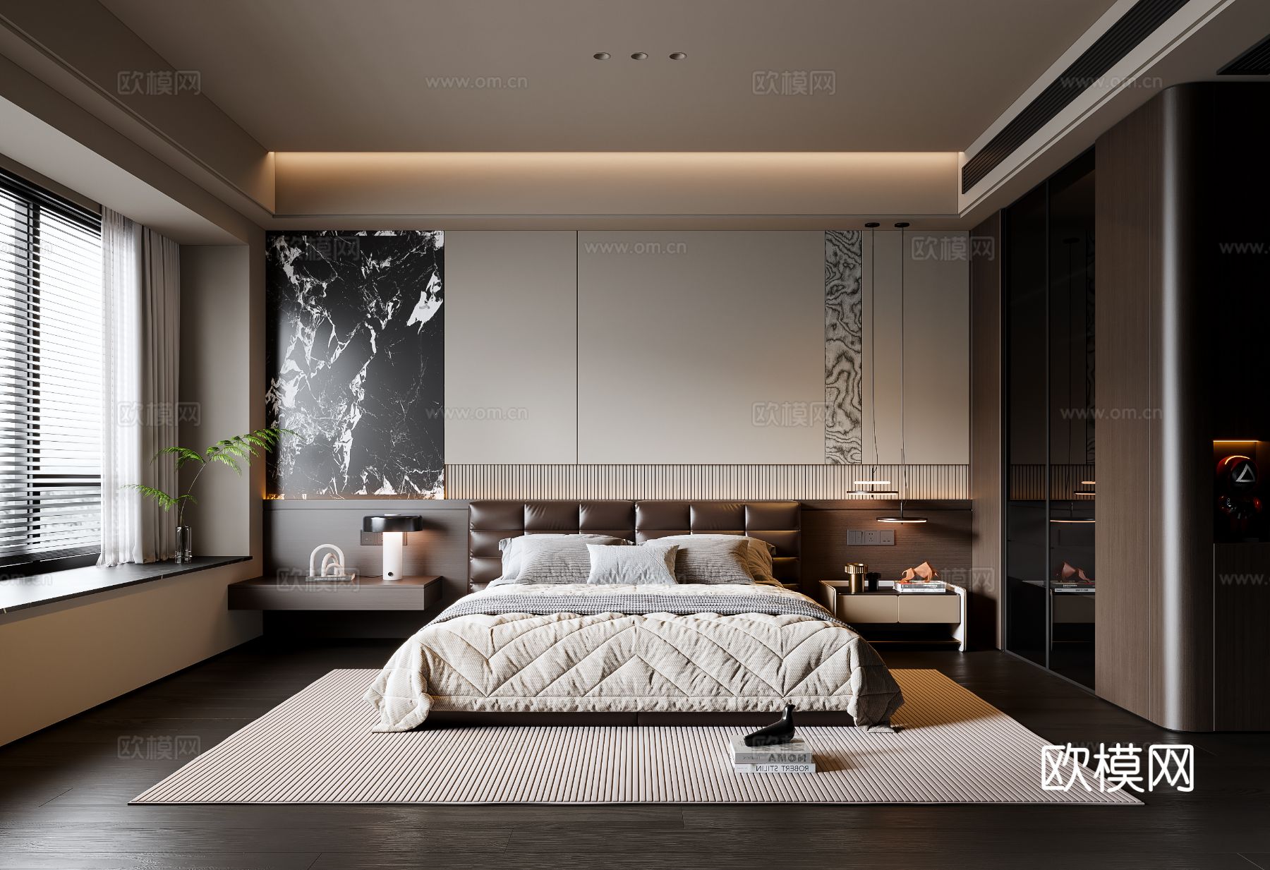 现代意式卧室 皮质双人床 床头柜 吊灯 地毯su模型