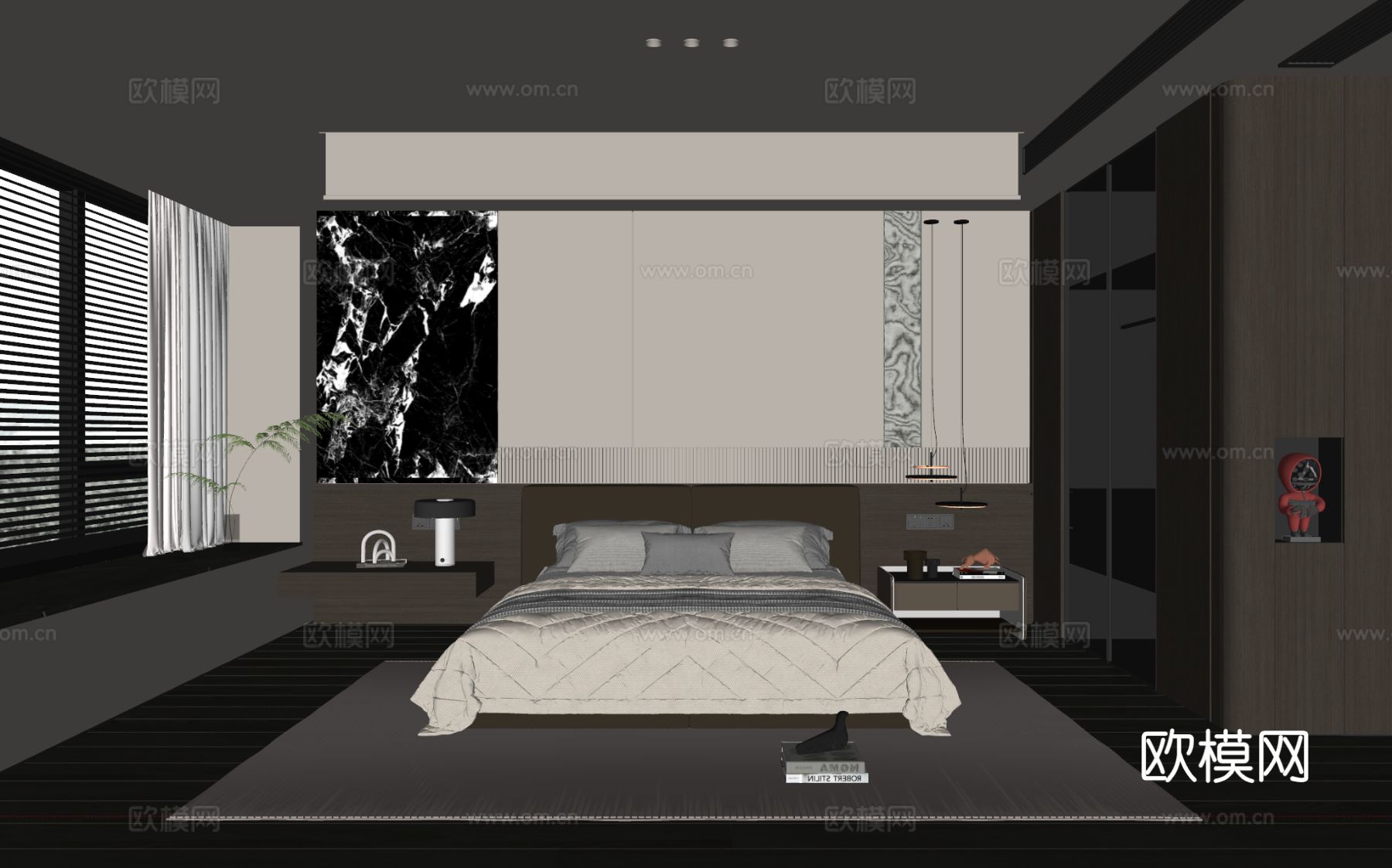 现代意式卧室 皮质双人床 床头柜 吊灯 地毯su模型