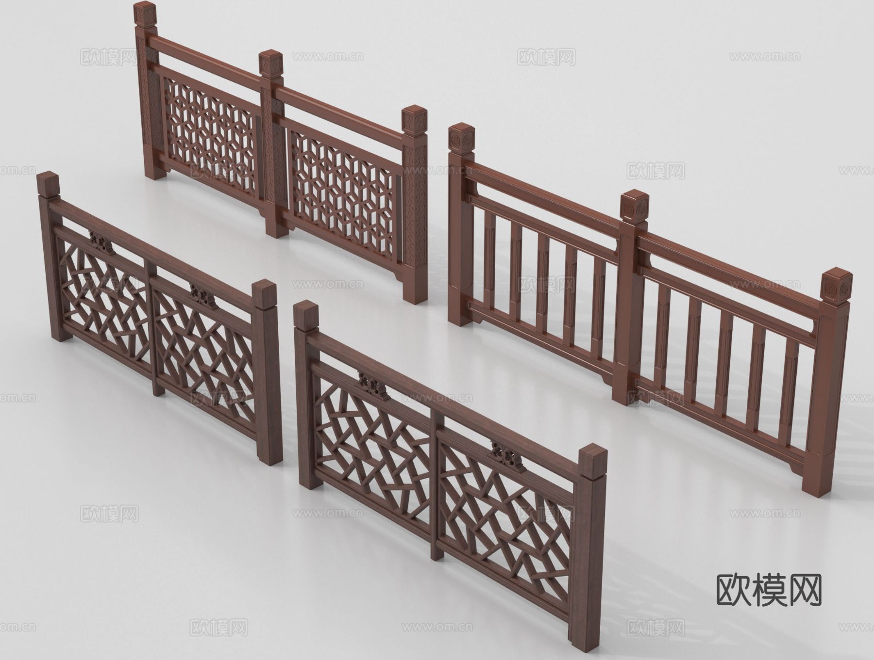 新中式栏杆护栏 栅栏围栏 实木围栏护栏 扶手su模型