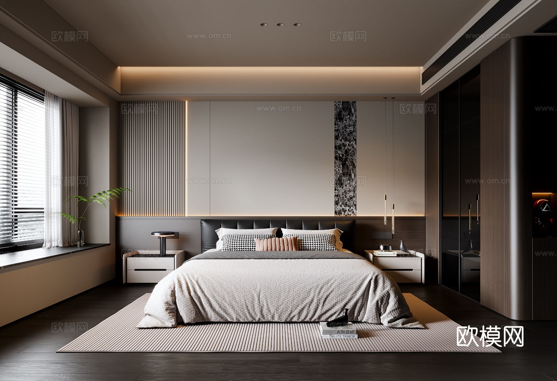 现代意式卧室 皮质双人床 床头柜 吊灯 地毯3d模型下载（渲染图1）