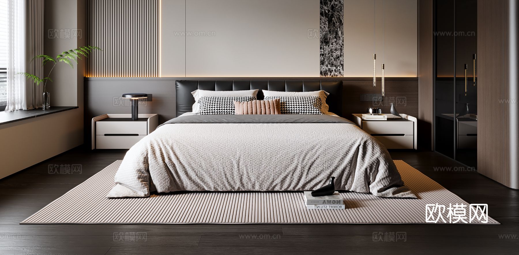 现代意式卧室 皮质双人床 床头柜 吊灯 地毯3d模型下载（渲染图2）