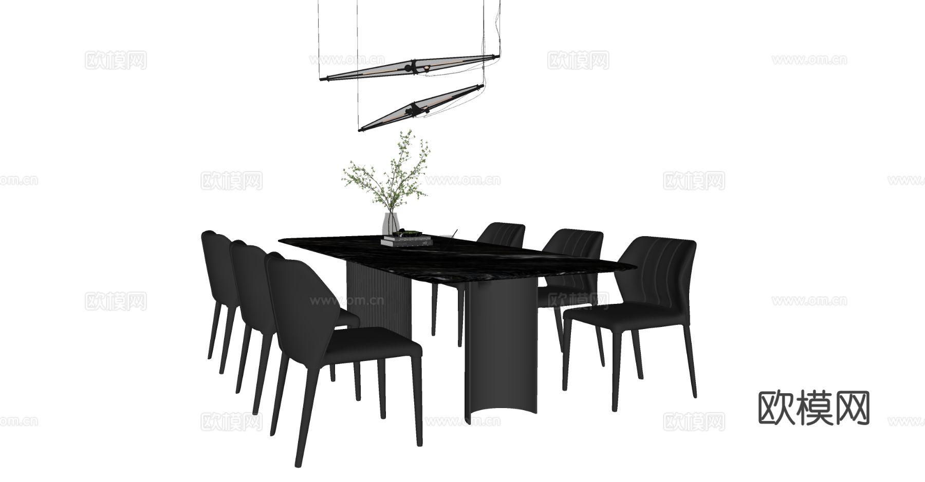 现代餐桌椅组合 餐椅 餐桌 吊灯 餐桌摆件su模型