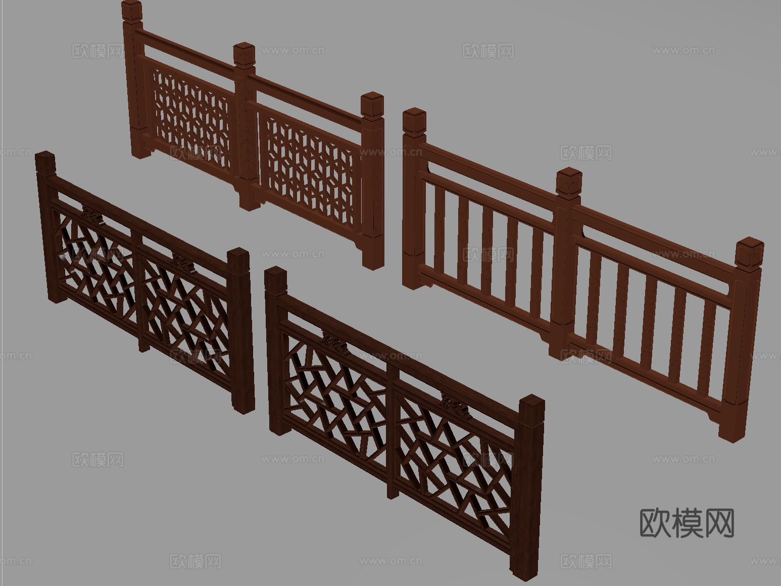 新中式栏杆护栏 栅栏围栏 实木围栏护栏 扶手su模型