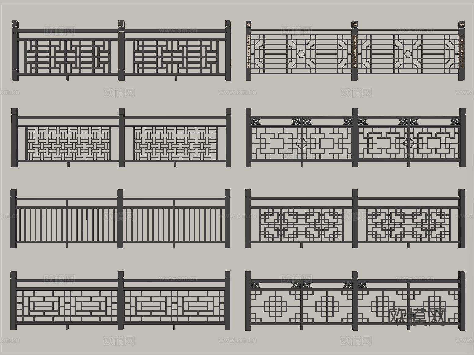 新中式栏杆护栏 栅栏围栏 实木围栏护栏 扶手su模型