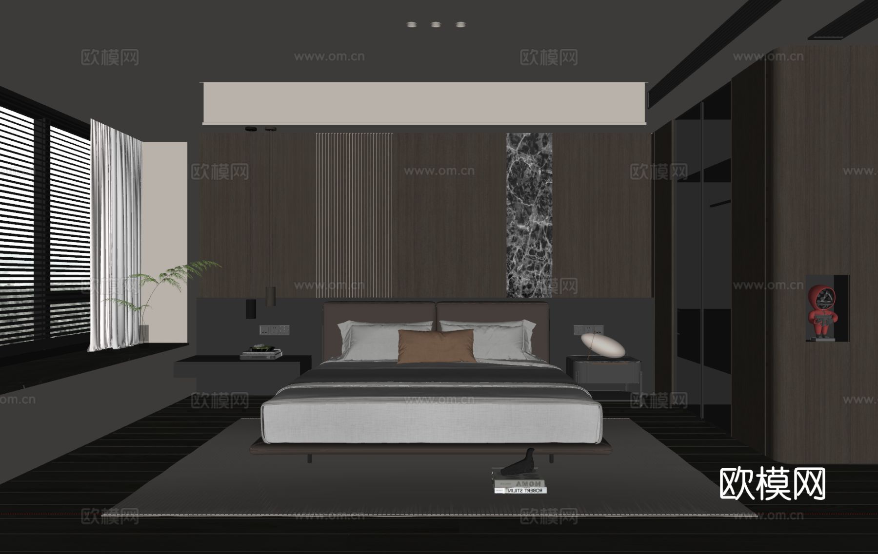 现代意式卧室 皮质双人床 床头柜 吊灯 地毯su模型