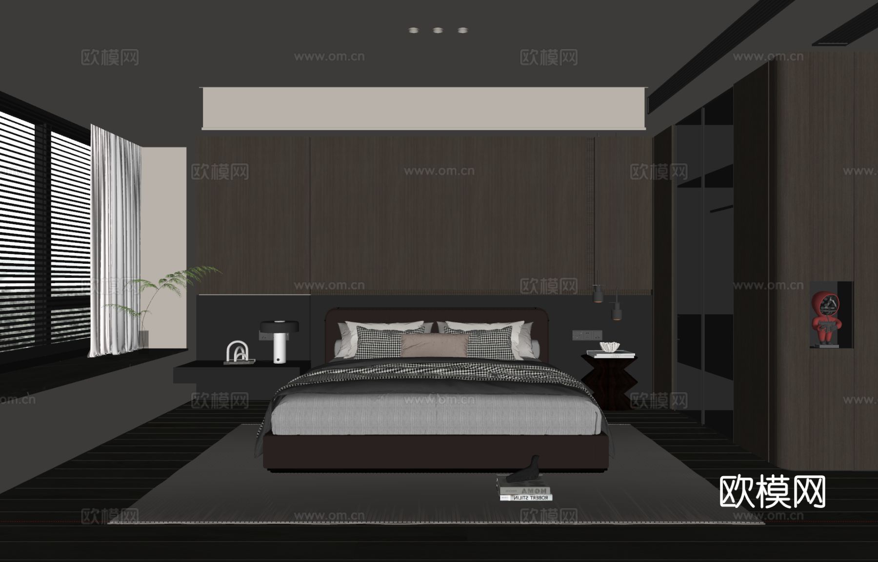 现代意式卧室 皮质双人床 床头柜 吊灯 地毯su模型