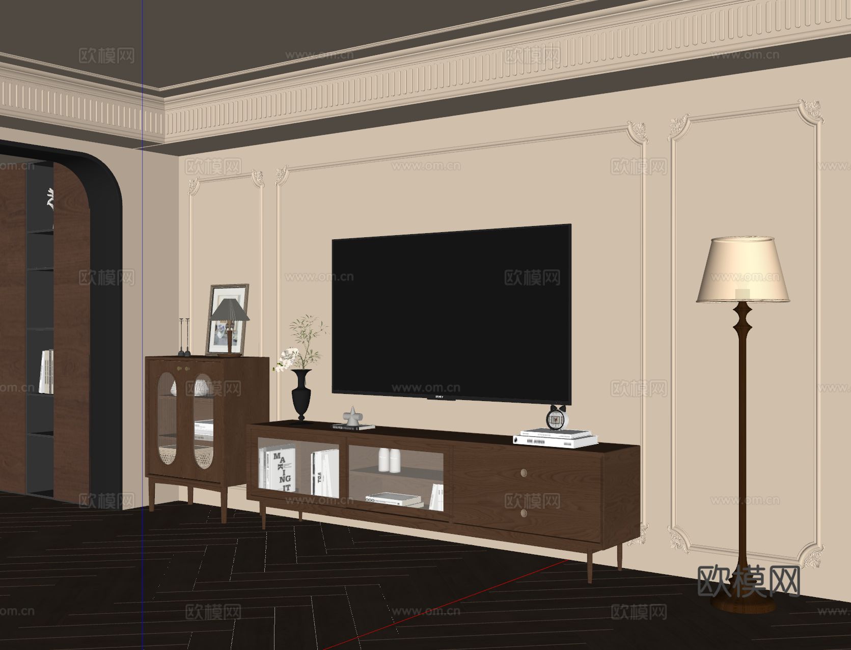 法式中古风电视柜 电视机 落地灯 饰品摆件su模型
