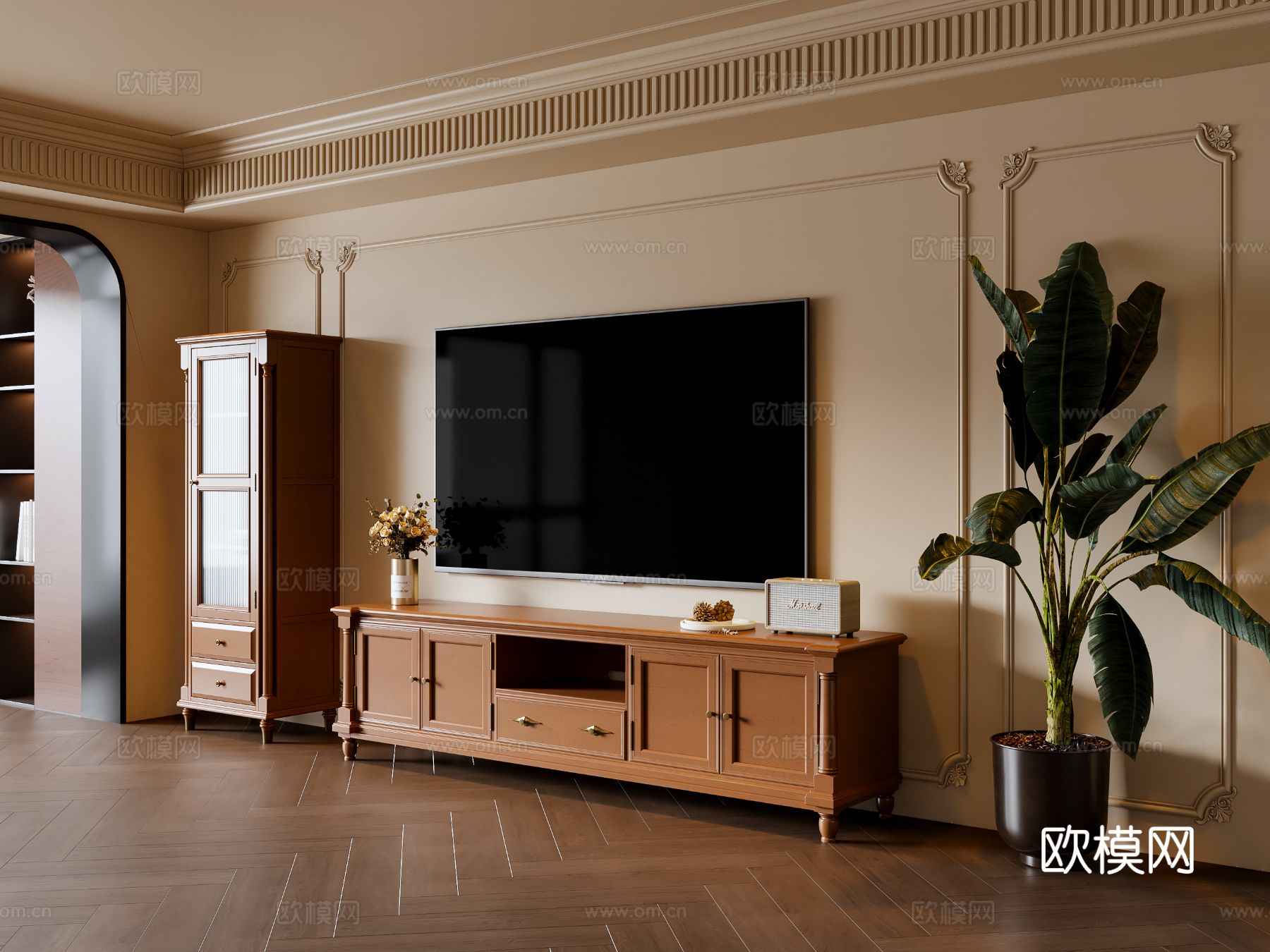 法式中古风电视柜 电视机 斗柜 盆栽 饰品摆件su模型su模型