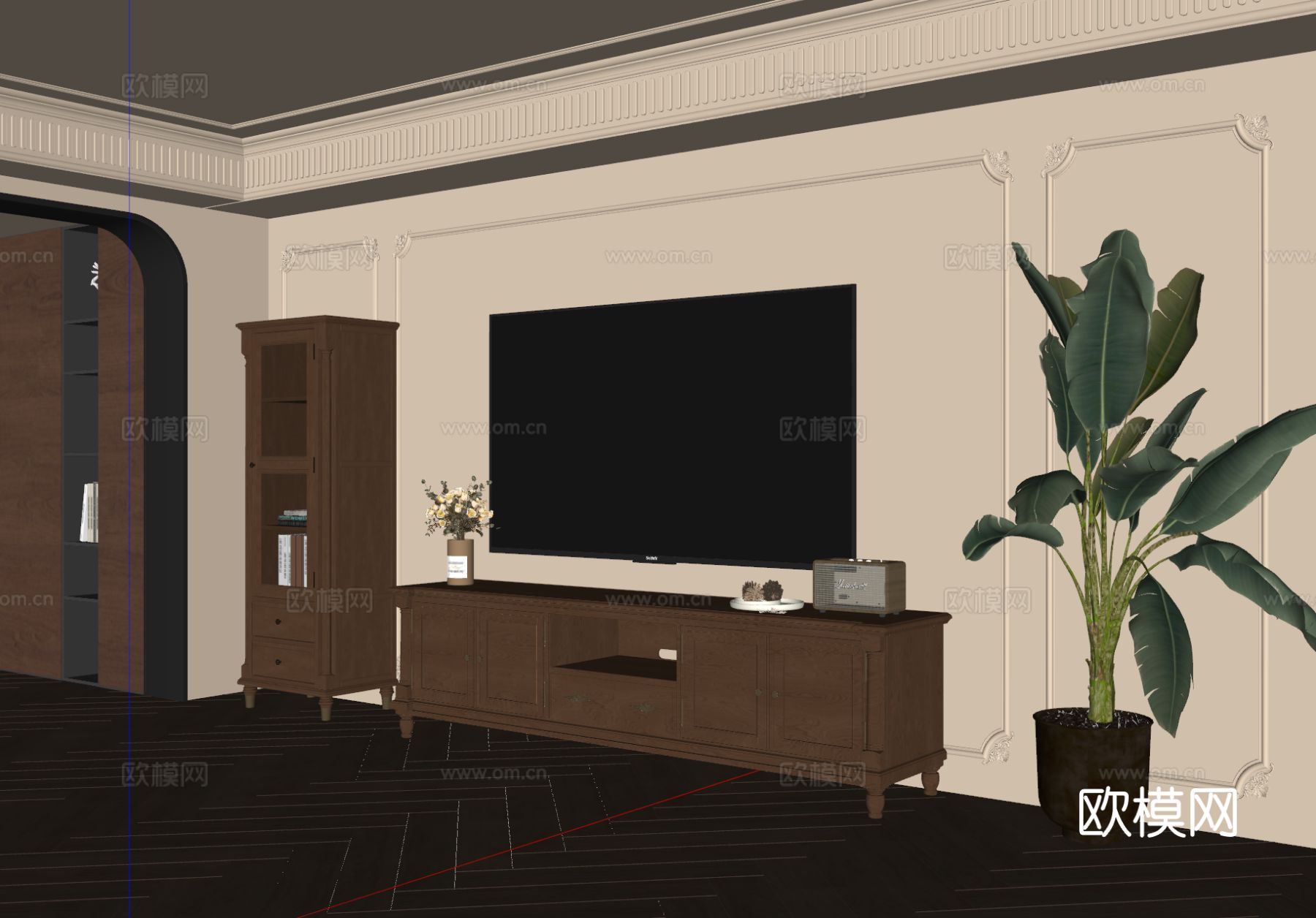 法式中古风电视柜 电视机 斗柜 盆栽 饰品摆件su模型su模型