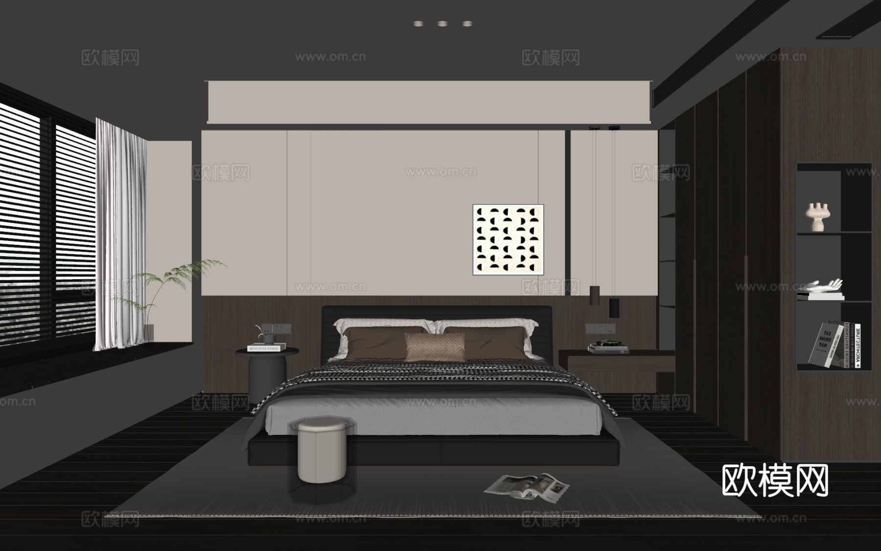 现代意式卧室 皮质双人床 床头柜 吊灯 挂画 地毯su模型