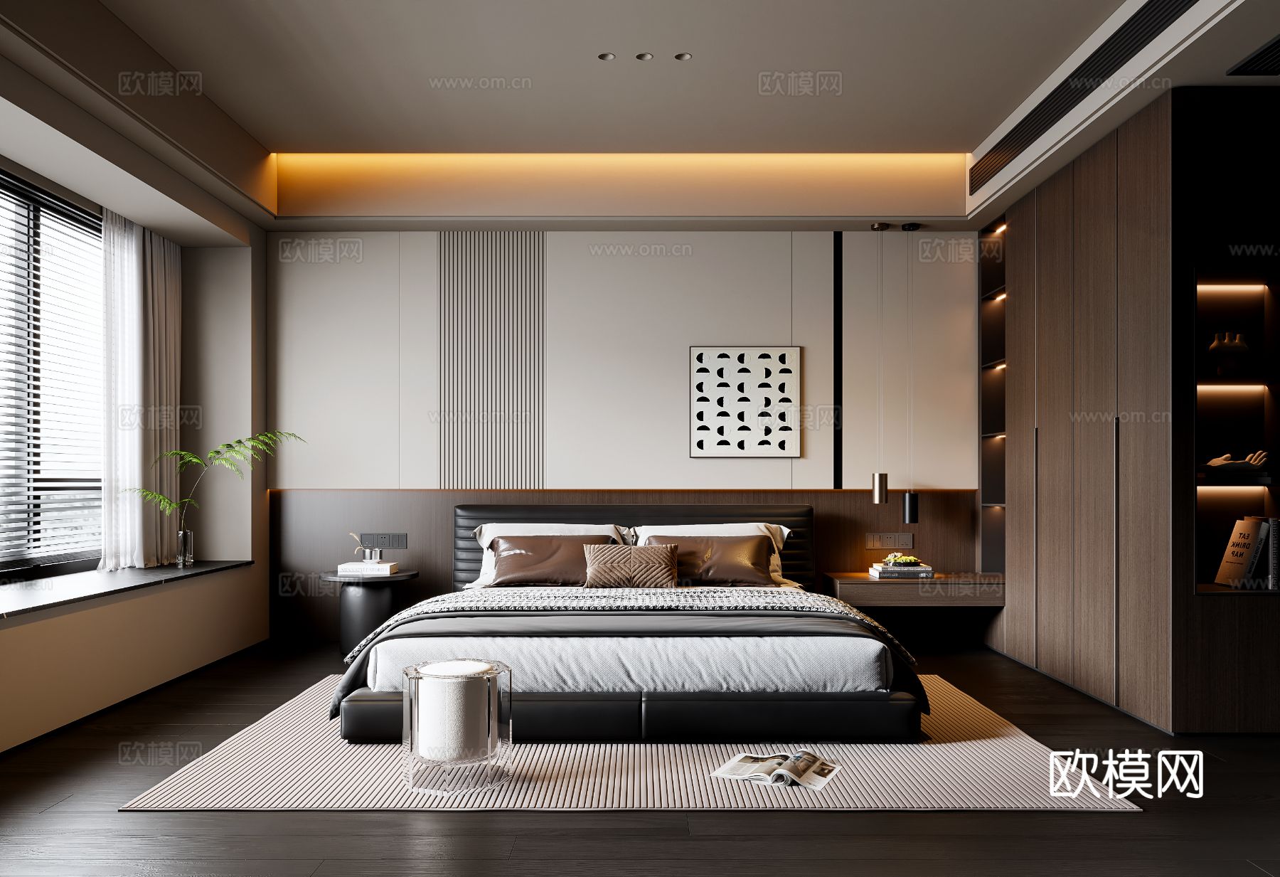现代意式卧室 皮质双人床 床头柜 吊灯 挂画 地毯su模型
