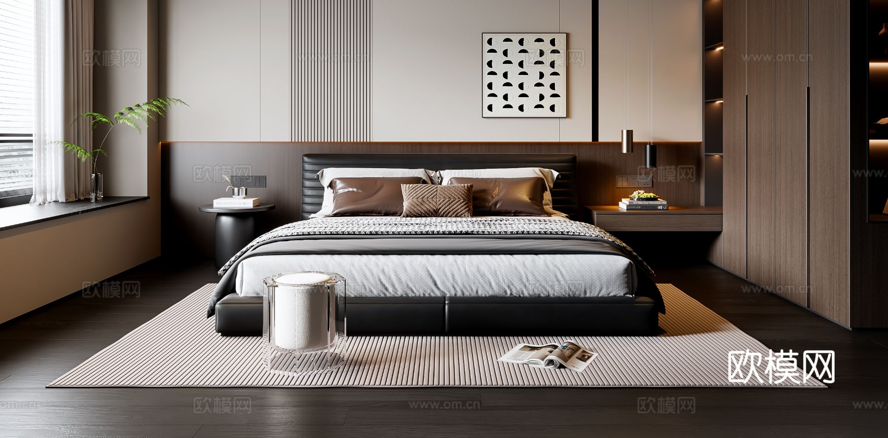 现代意式卧室 皮质双人床 床头柜 吊灯 挂画 地毯3d模型下载（渲染图2）