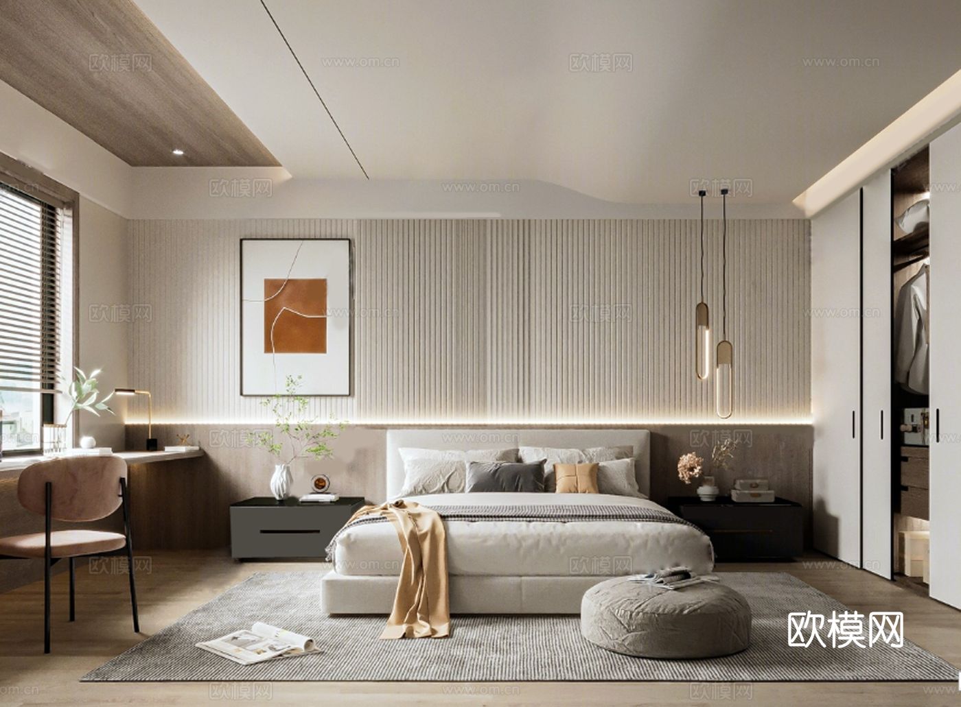 现代简约主卧次卧饰品衣柜化妆台su模型