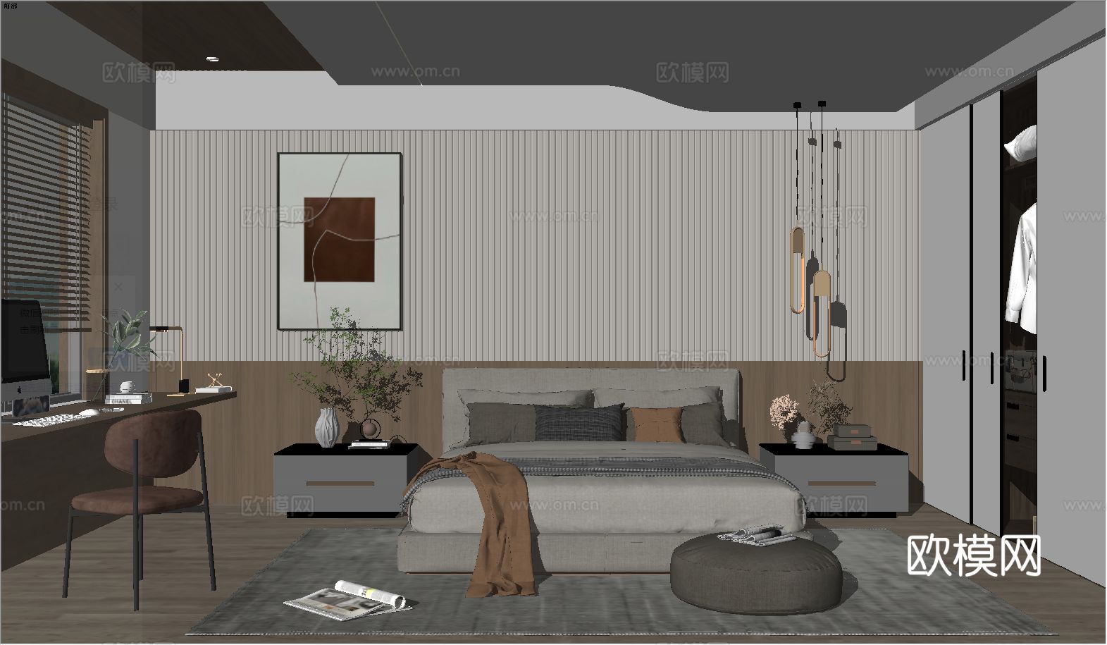 现代简约主卧次卧饰品衣柜化妆台su模型