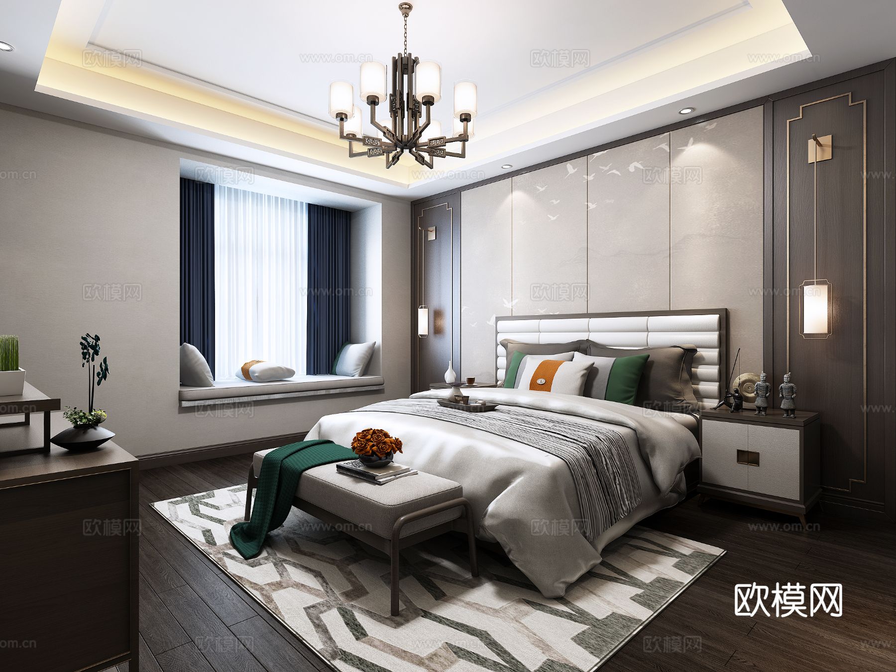 新中式卧室 吊灯 床榻 床3d模型下载