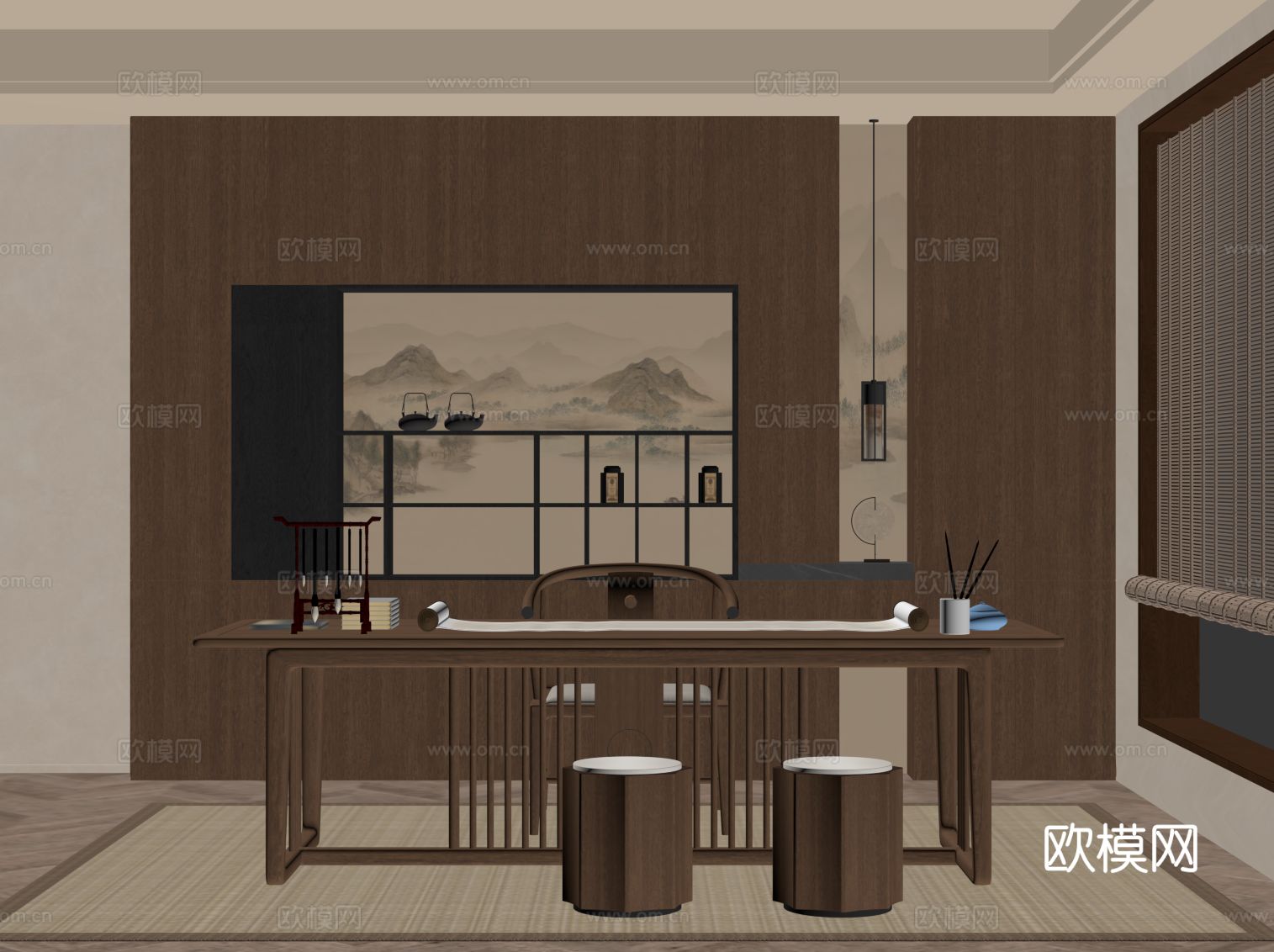 新中式书房 书柜 书桌椅su模型