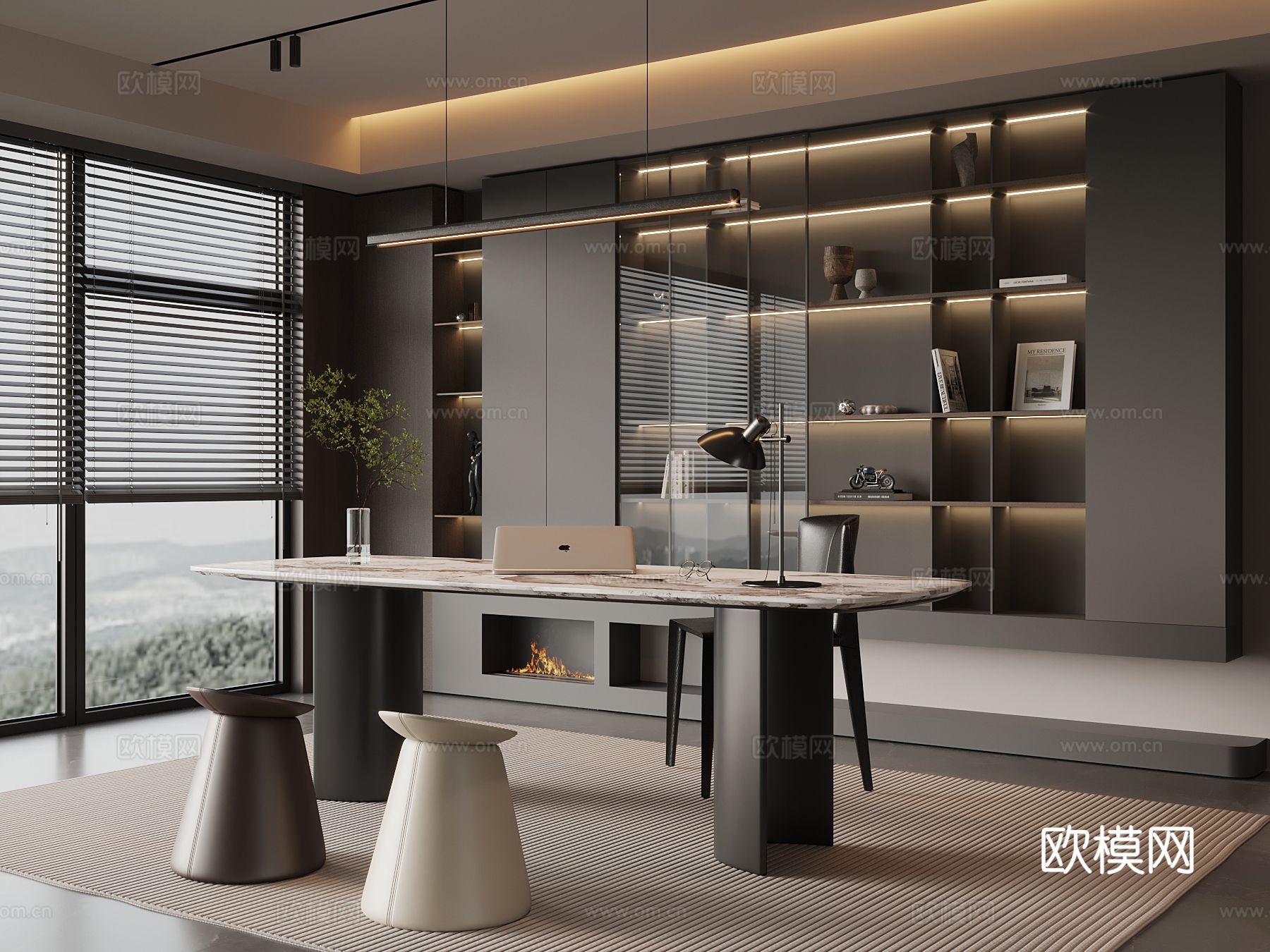 现代意式书房 书柜 书桌椅su模型