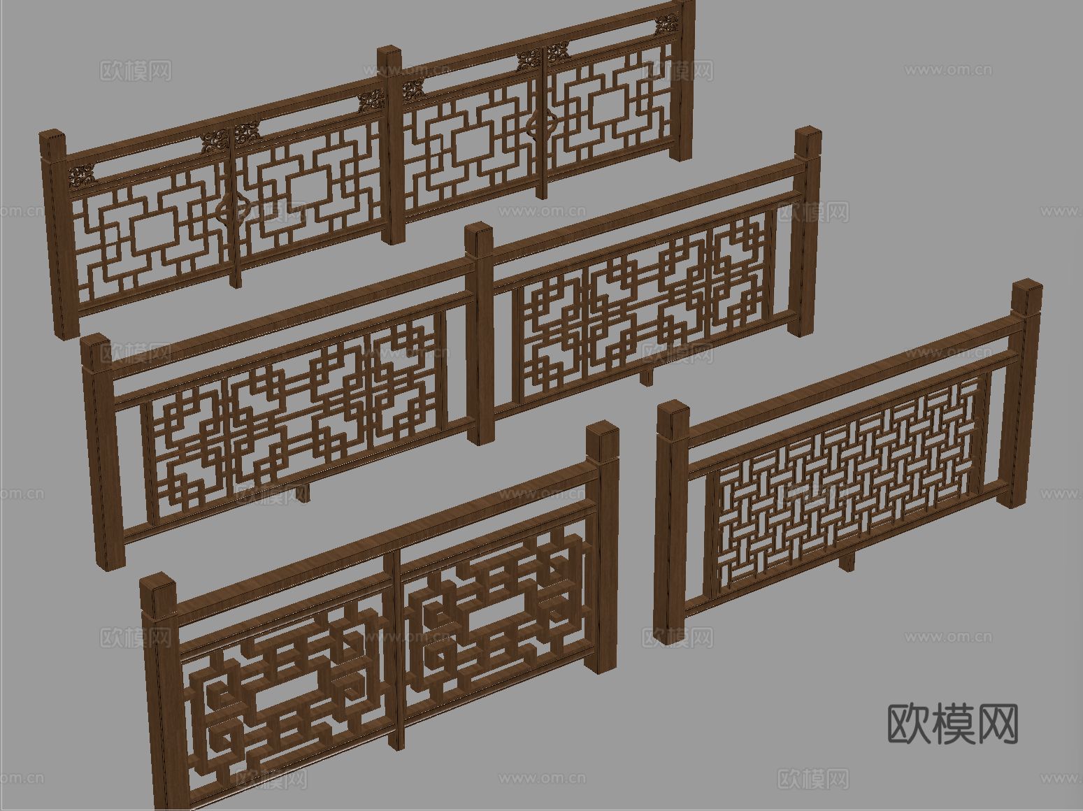 新中式栏杆护栏 栅栏围栏 实木围栏护栏su模型