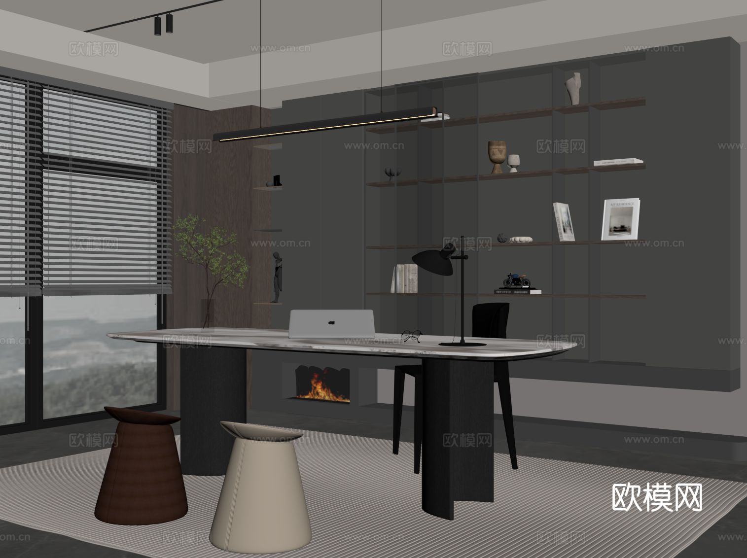 现代意式书房 书柜 书桌椅su模型