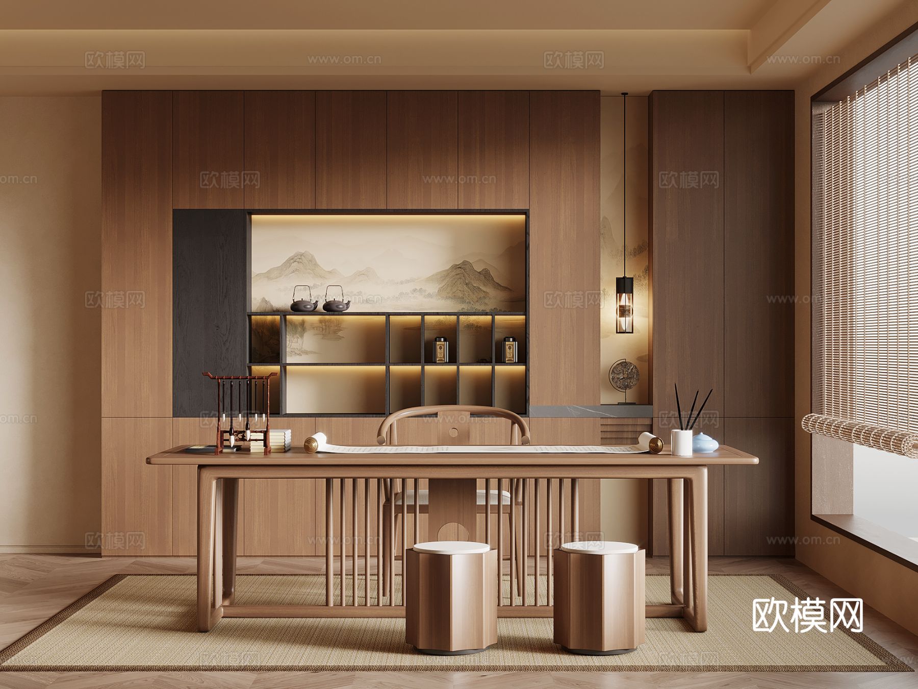 新中式书房 书柜 书桌椅su模型