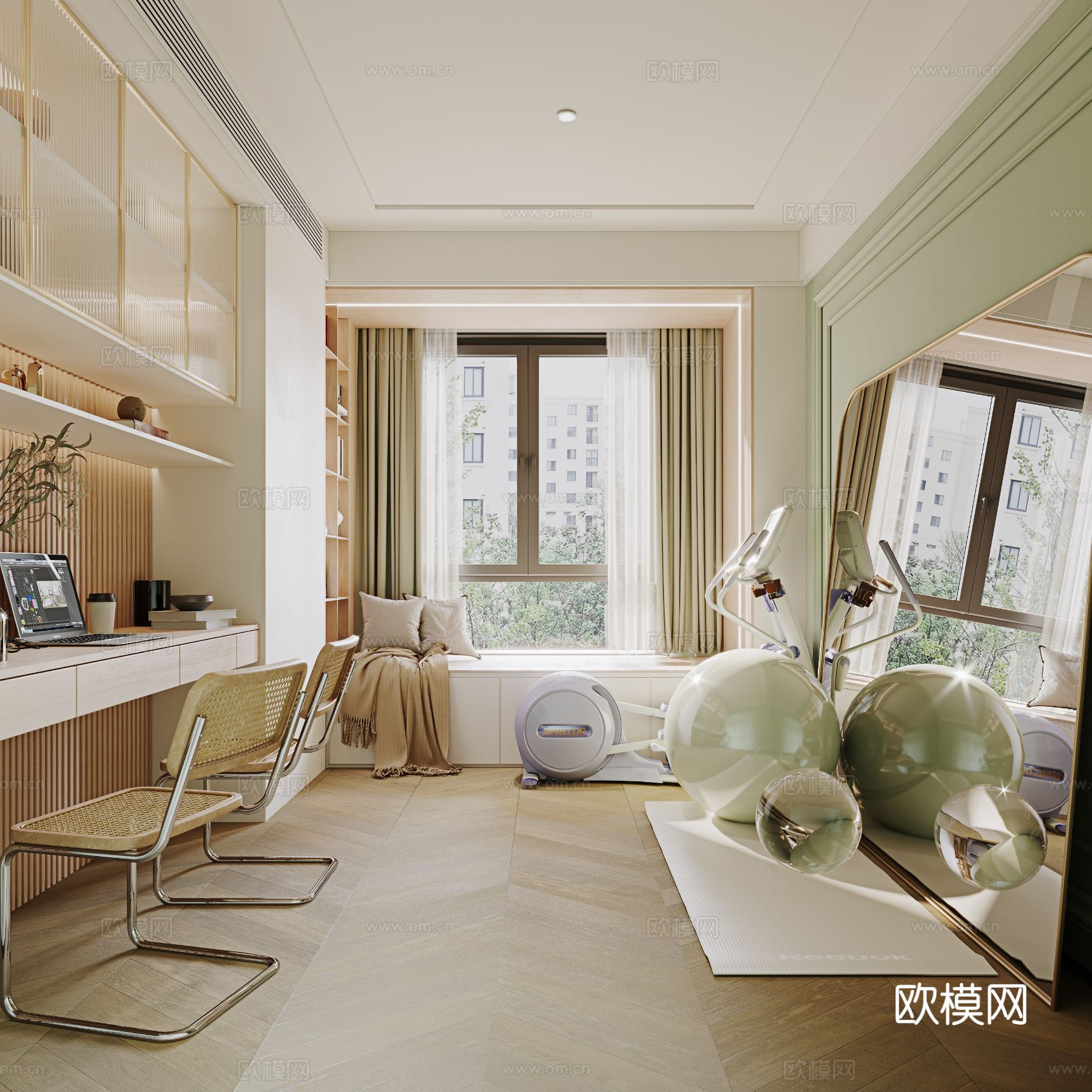 奶油风家装案例 客厅 卧室效果图下载（渲染图2）