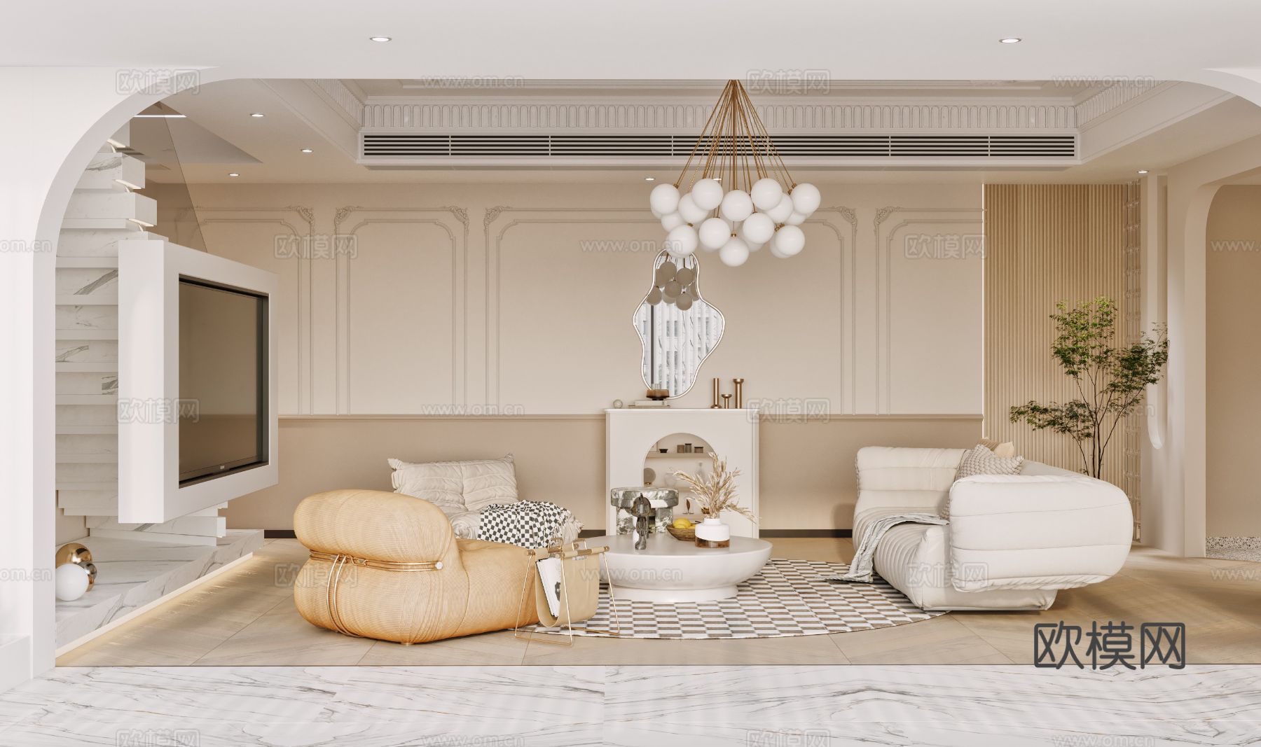 奶油风家装案例 客厅 卧室效果图下载（渲染图3）