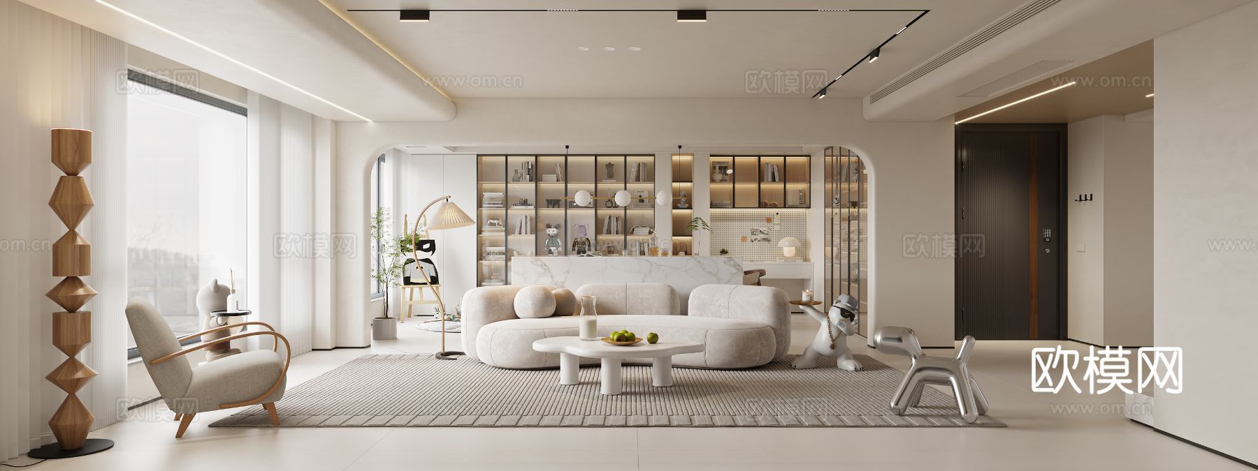 奶油风家装案例客厅 卧室效果图下载（渲染图3）